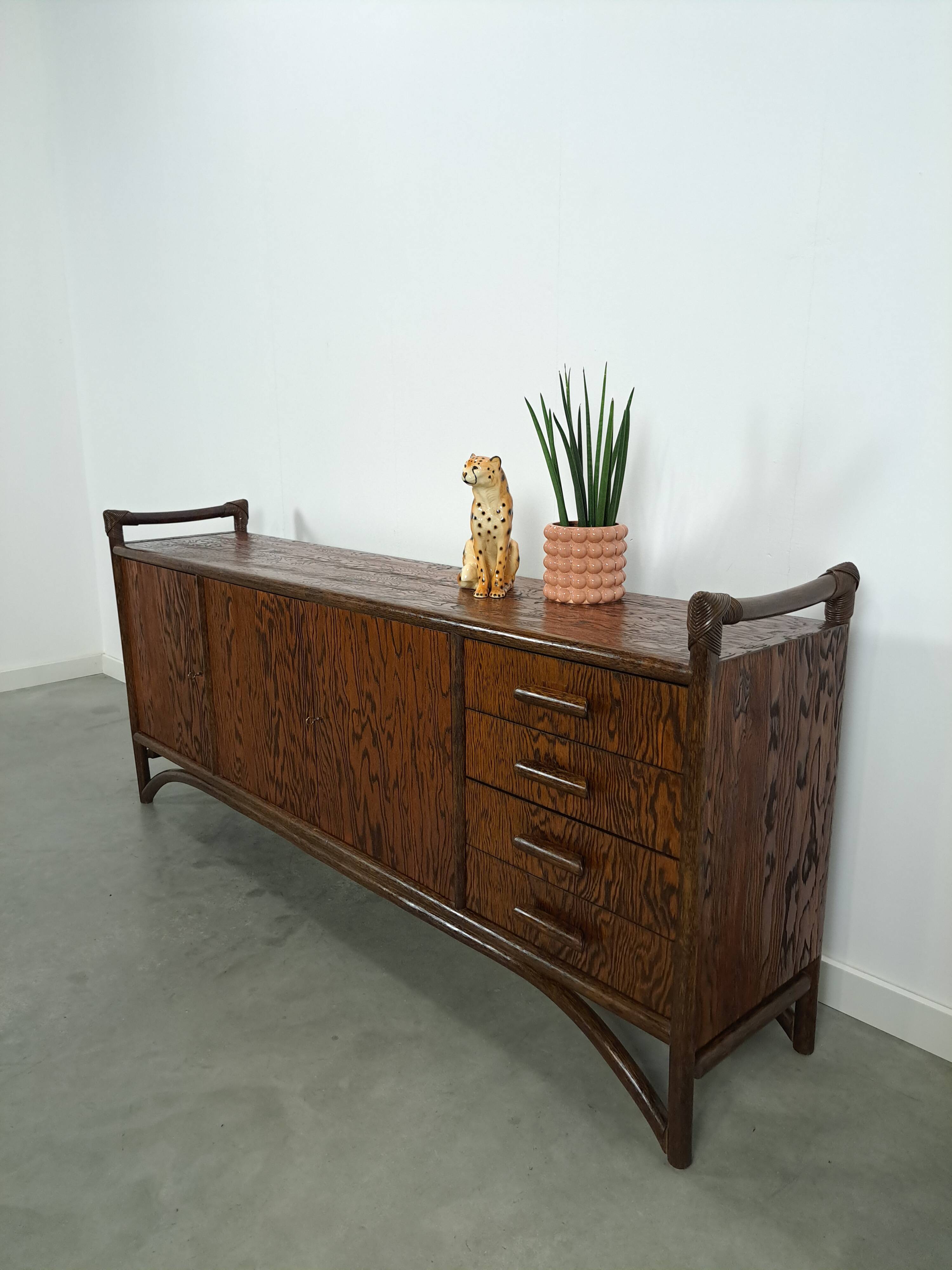 Hout met bamboe dressoir met lades vintage