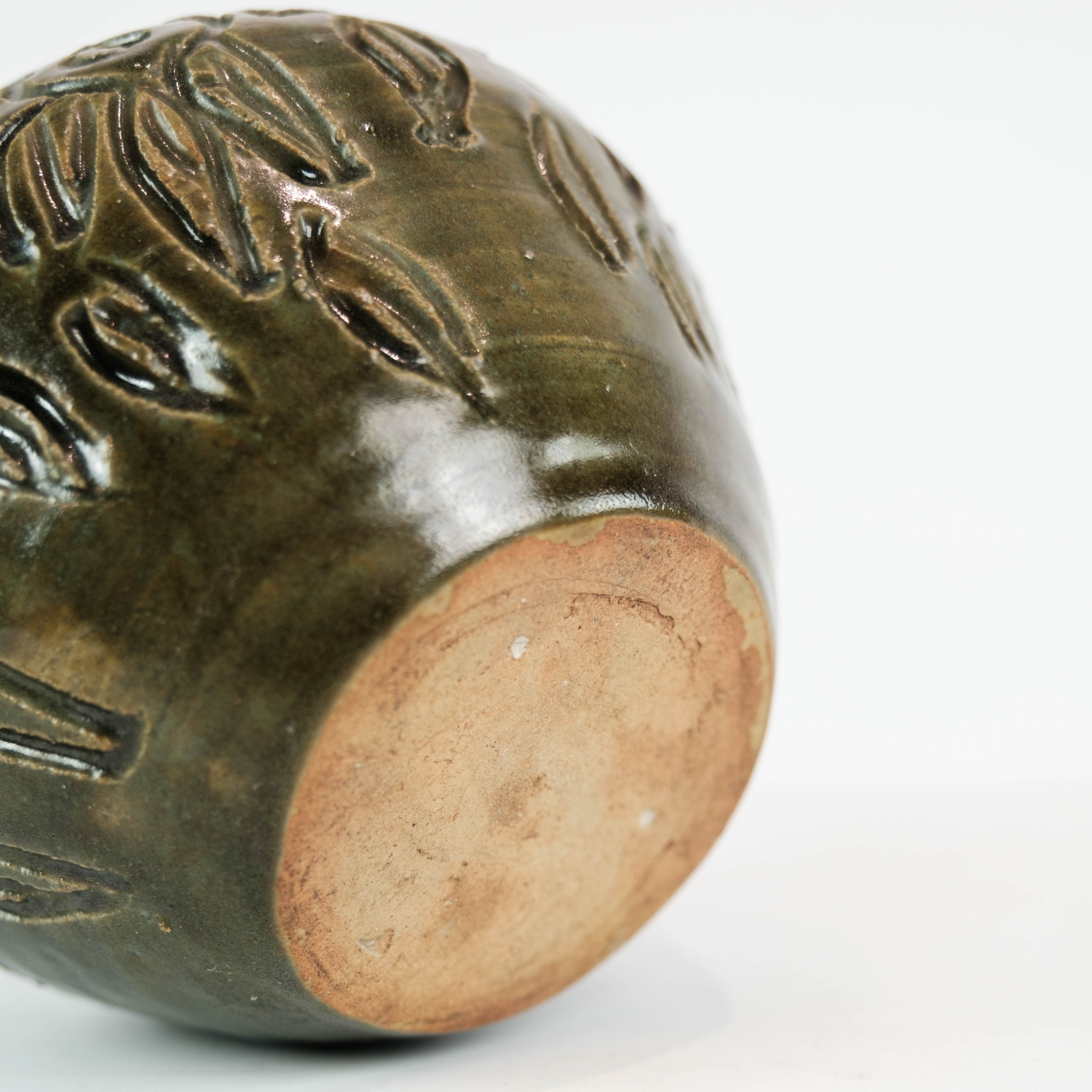 Ceramic vase with dark glaze and floral pattern of unknown Danish artis, 1960s