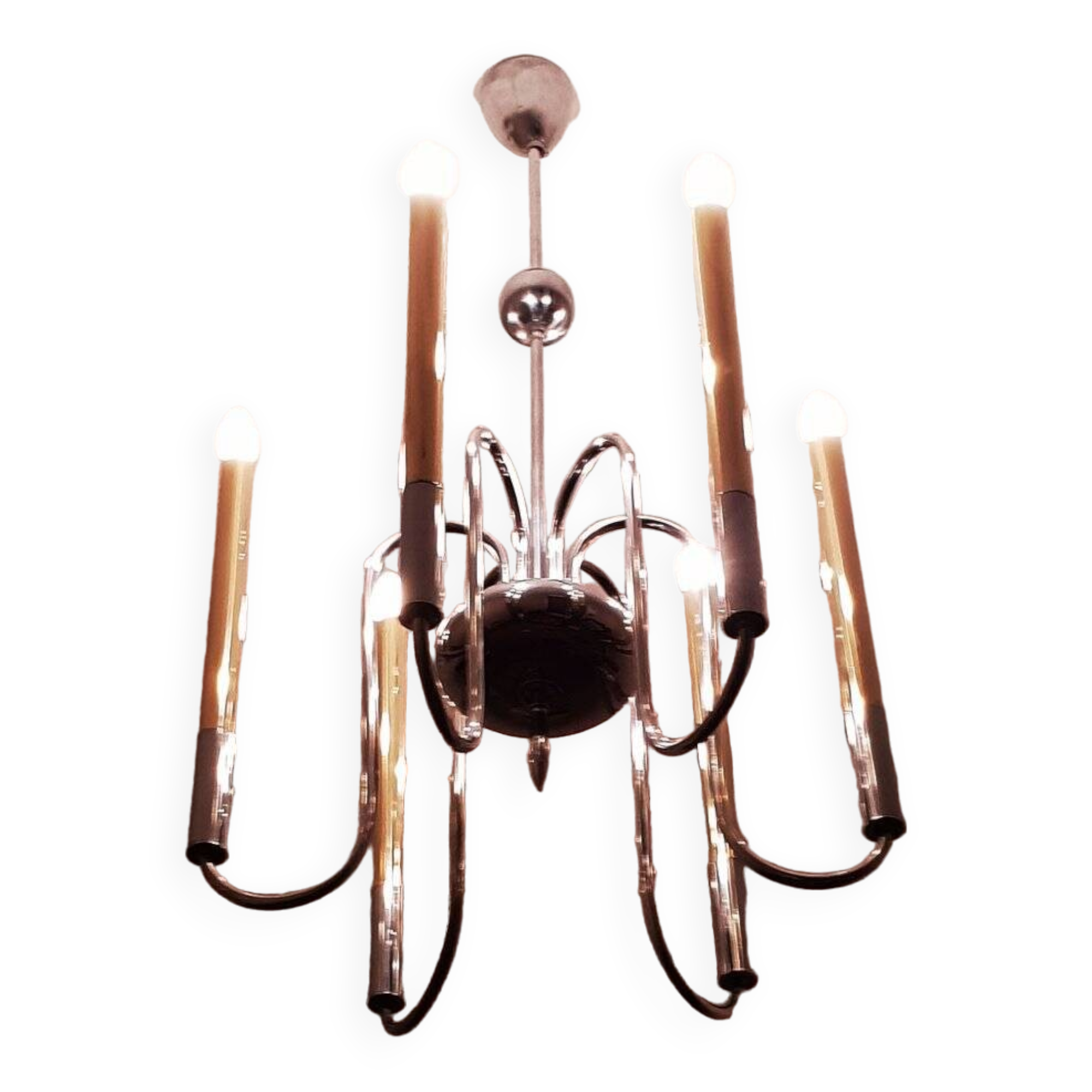 1950s chandelier in brass and chrome-plated brass with 6 lights