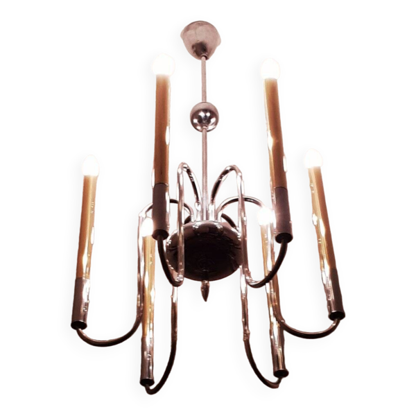 Lustre 1950s en laiton et laiton chromé à 6 lumières