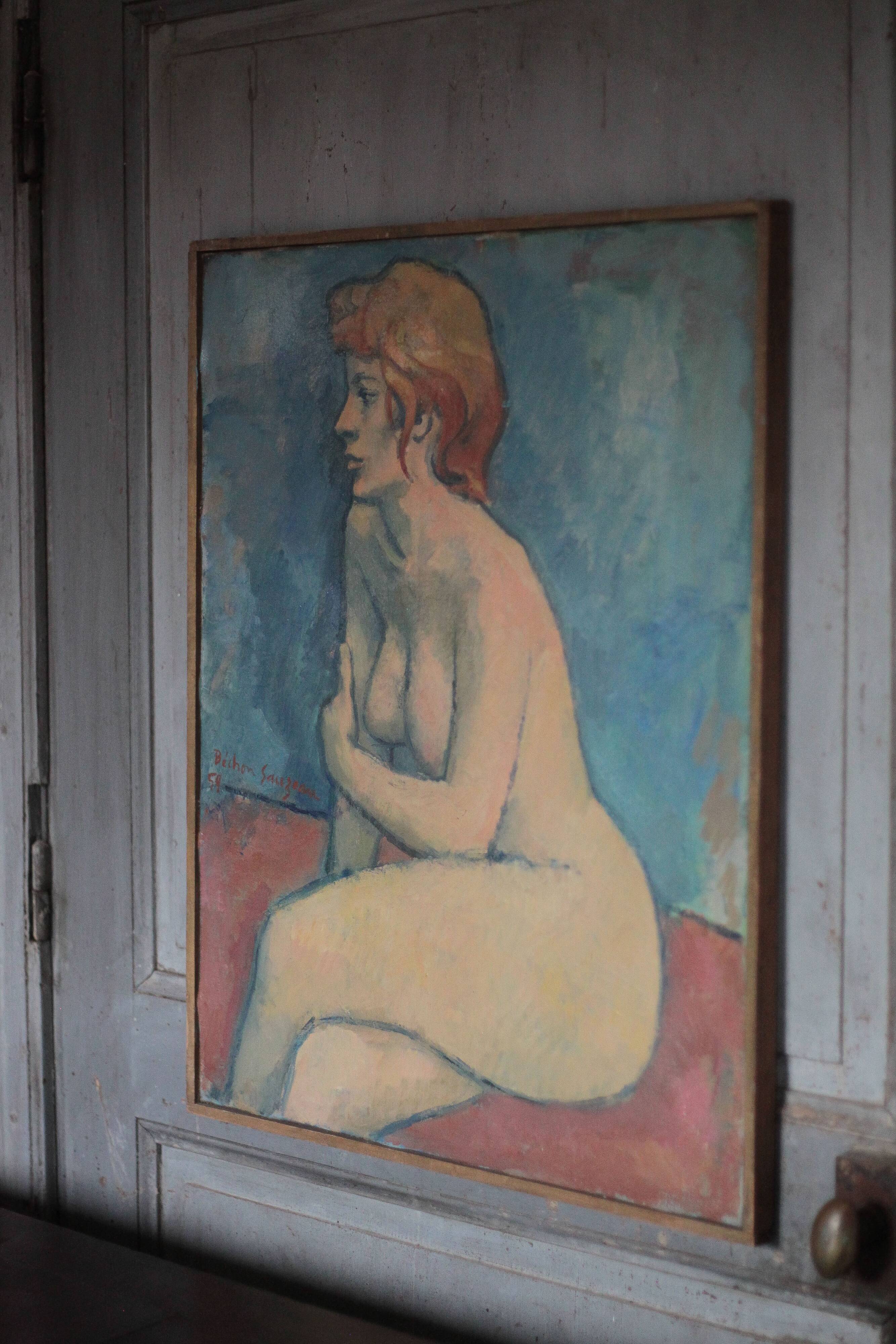Painting signed Béchon-Sauzeau, painting of a nude woman, oil on canvas