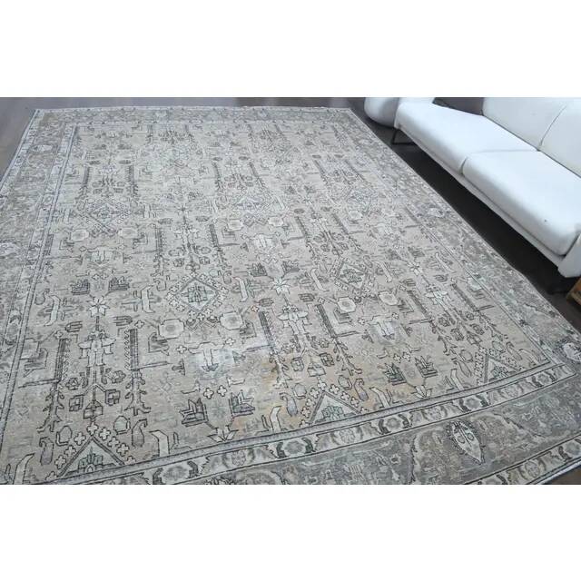 1960s Vintage Persian Handmade Wool Cotton Grey Area Rug 297x375