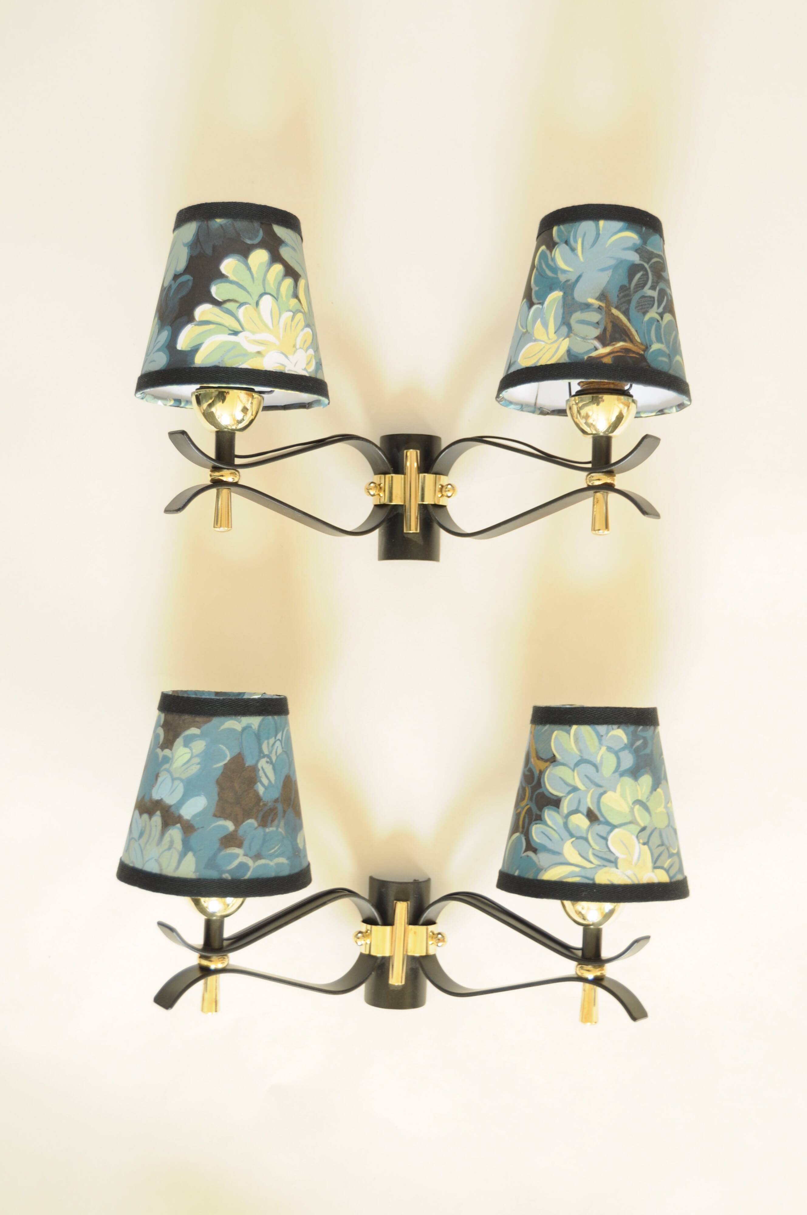 Pair of vintage black and gold wall lights - 18th century foliage lampshade