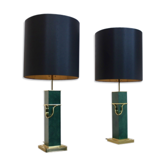 Pair of Green and Brass Mid Century Modern Table Lamps