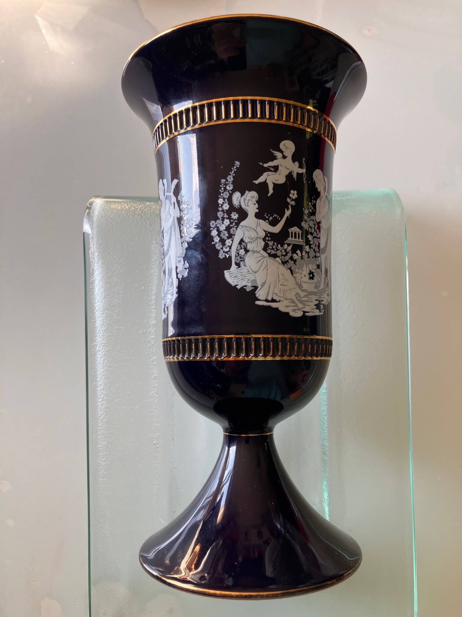 Vintage Cobalt Blue and Gold Pedestal Vase – C. Fiorentino (Italy)