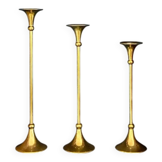 Trio of "Trumpet" brass candlesticks - 1960