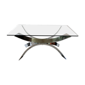Table basse piétement chromé en forme de gerbe et plateau de verre années 70