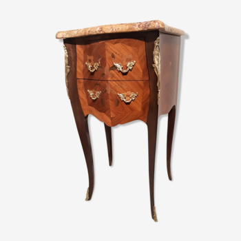 Louis XV style console bedside, curved faces, mahogany and rosewood marquetry decorated with flowers