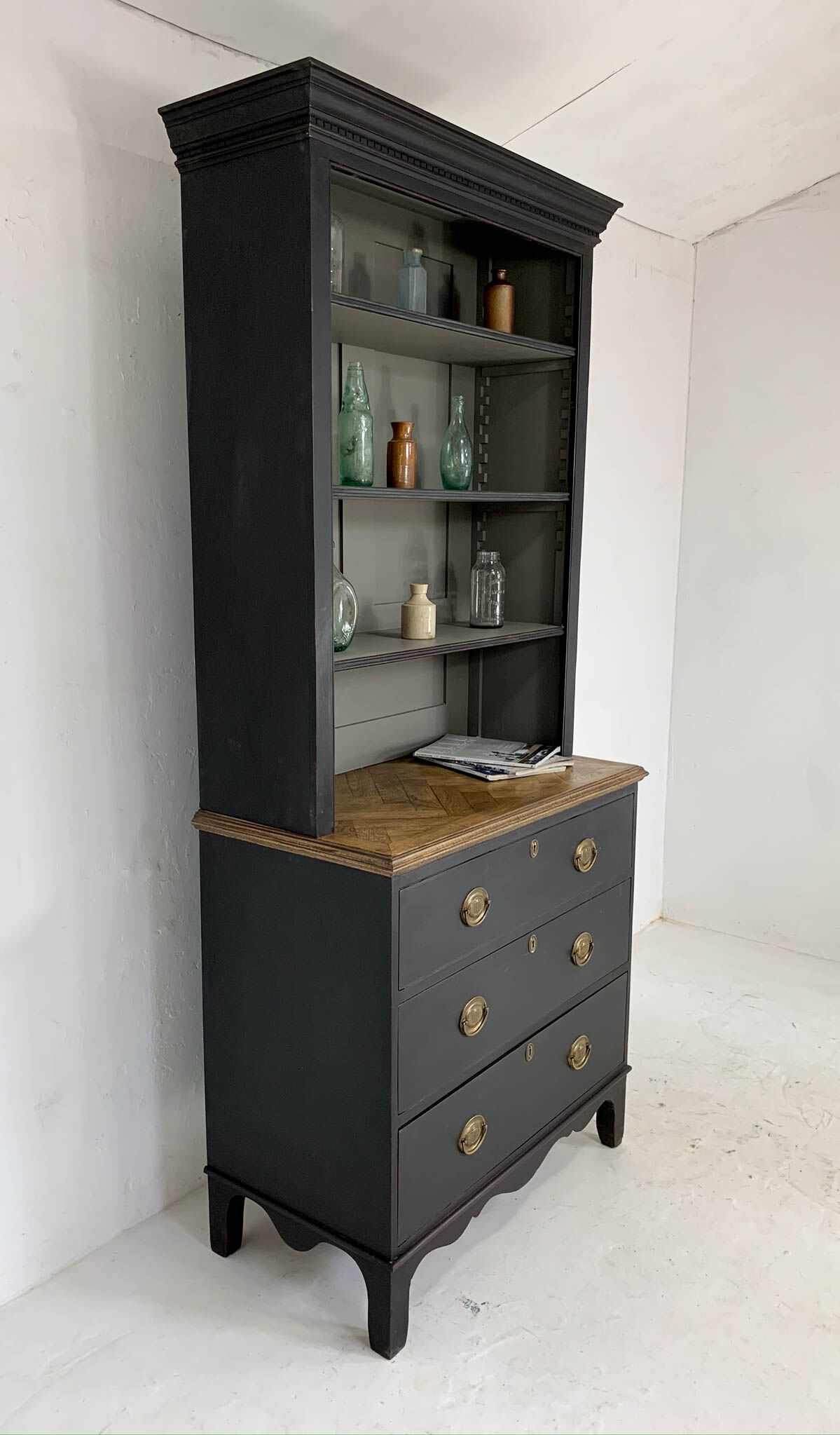 Antique black painted pine bookcase