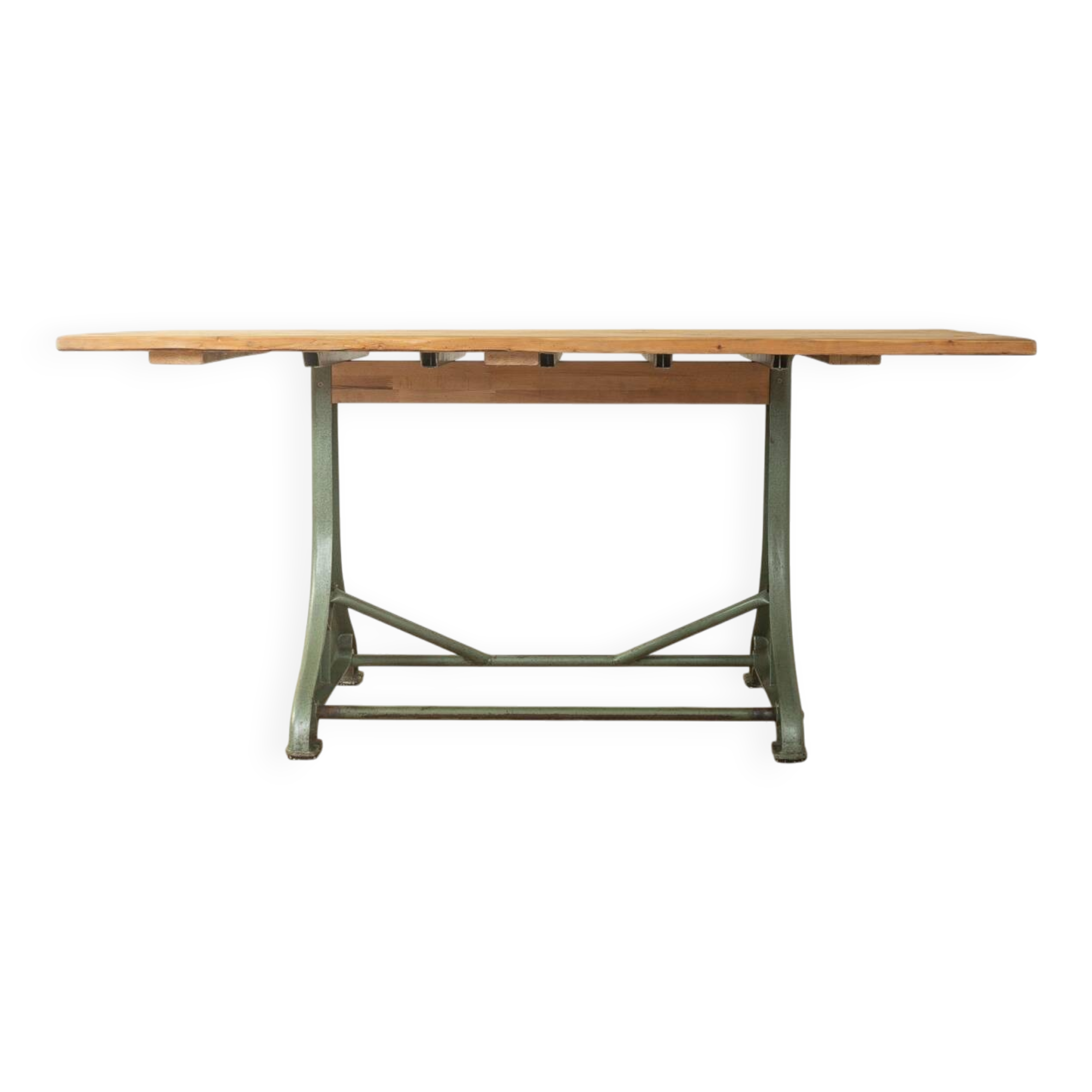 Unique dining table with cast iron base and solid wood top
