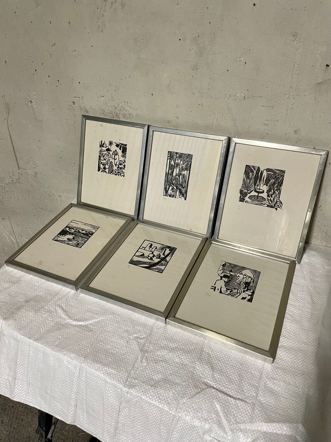 Ensemble de six linogravure art deco