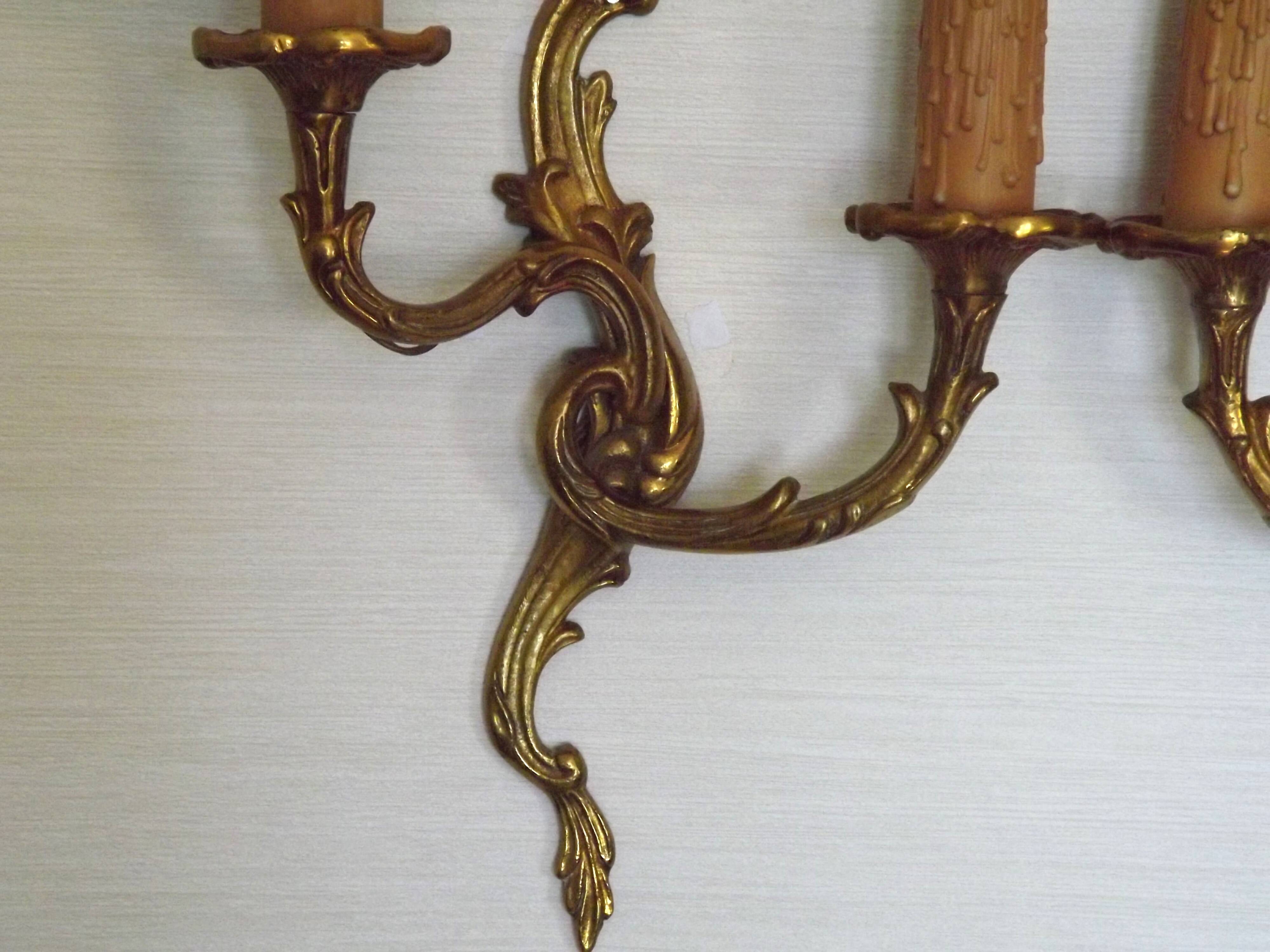 Pair of Elegant French Bronze Opposite Acanthus Leaf Double Wall Sconces