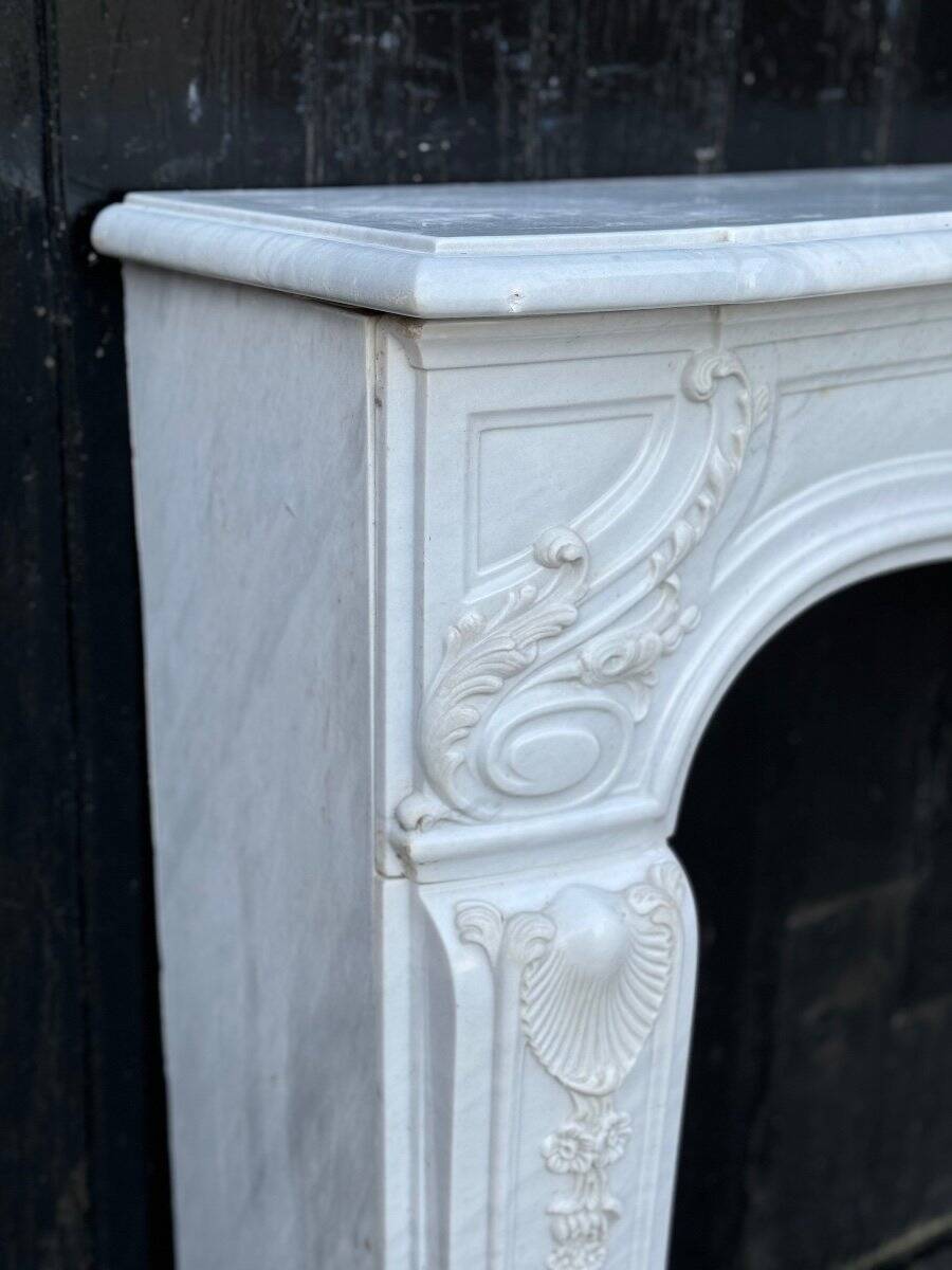 Louis XV style fireplace in grey and white Carrara marble circa 1980