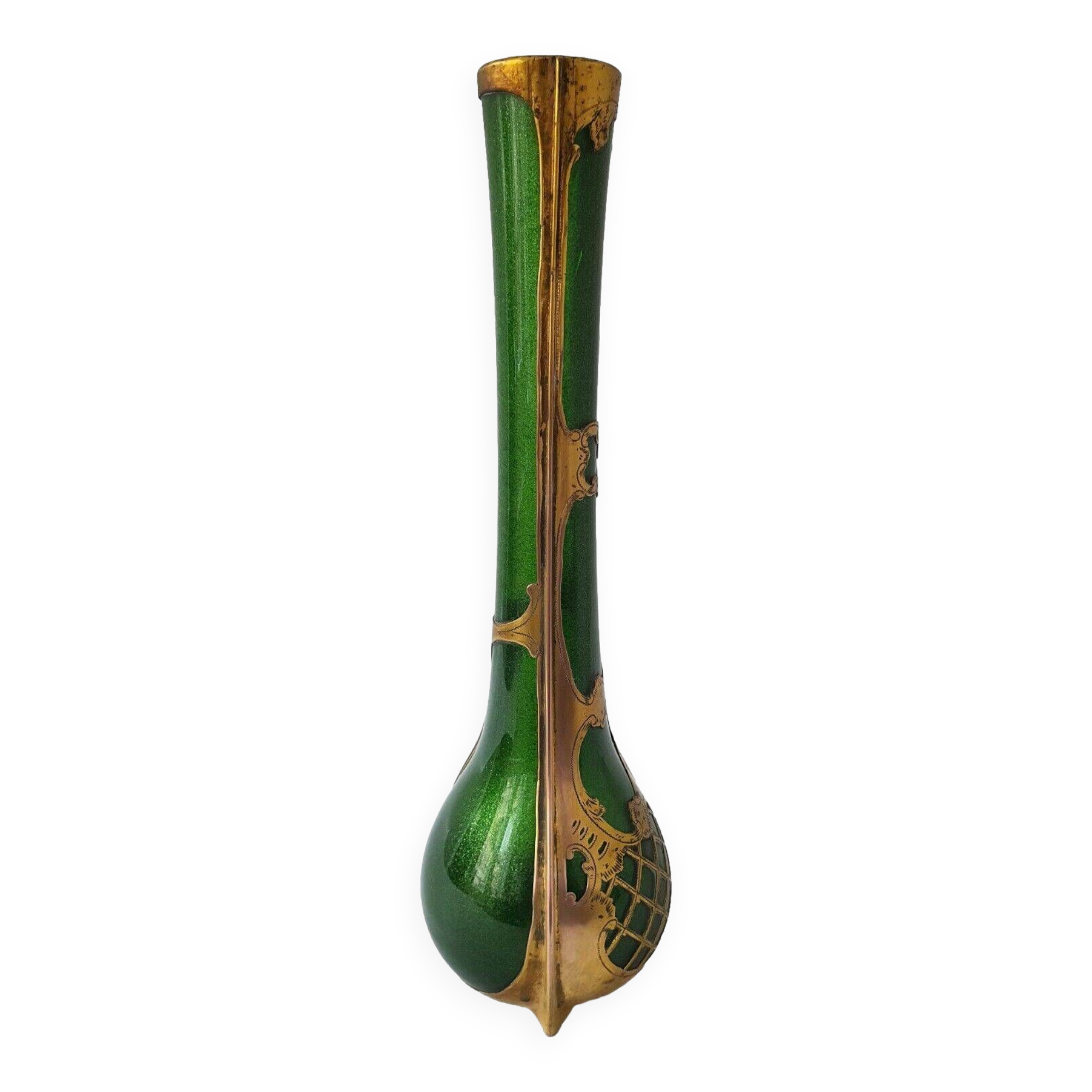 Soliflore vase legras imperial green copper decors enhanced with gold unsigned