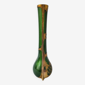 Vase soliflore legras vert impérial décors cuivre rehaussé d or non signée