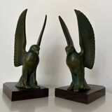 Pair of eagle bookends in green patina regula with rosewood base