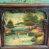 Buffet ancien en bois d'orme avec un décor peint de Paysages Lacustres