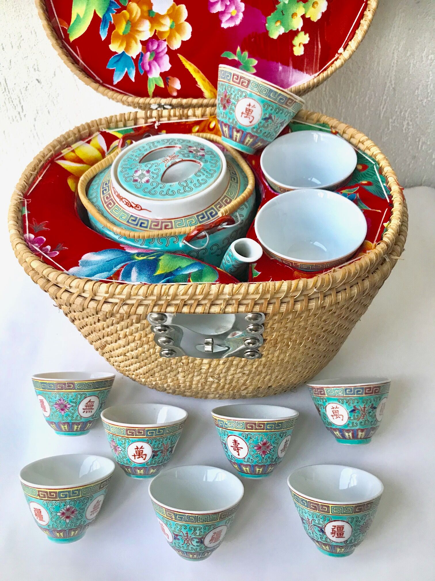 Chinese porcelain tea service with wicker basket