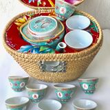 Chinese porcelain tea service with wicker basket