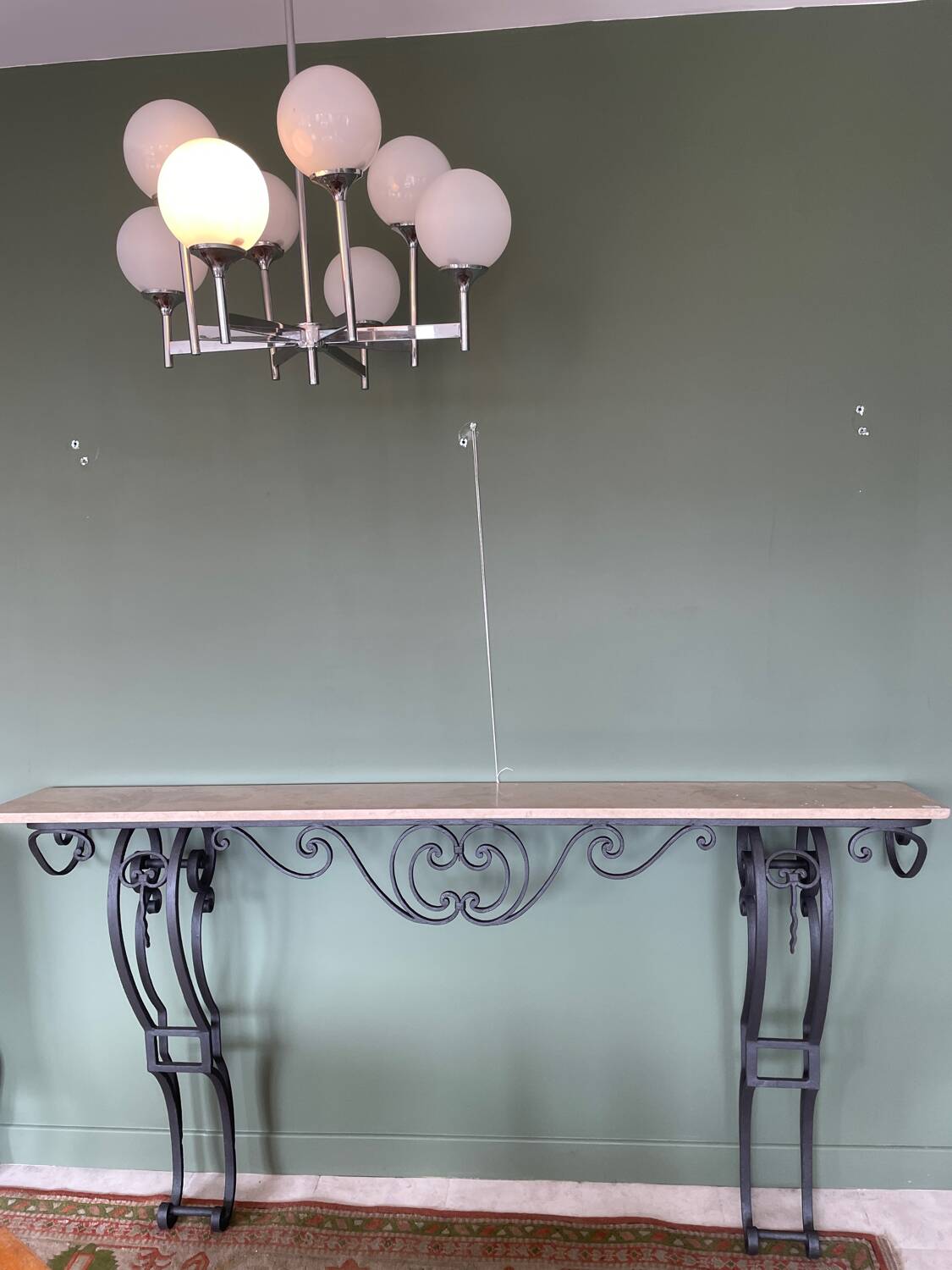 Black wrought iron & beige marble console table