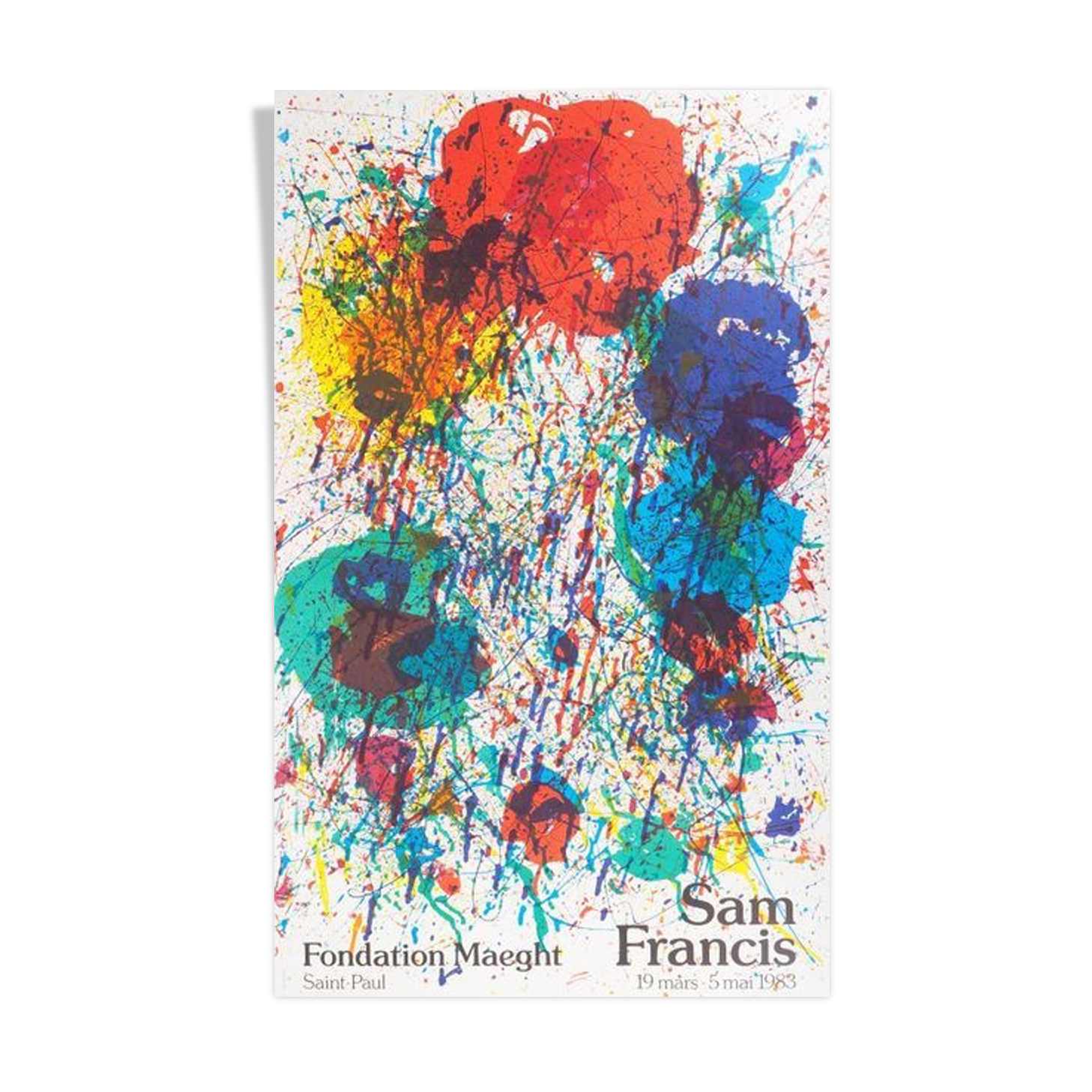 Affiche d'exposition réalisée en lithographie originale Sam Francis, explosion de couleurs, 1983.