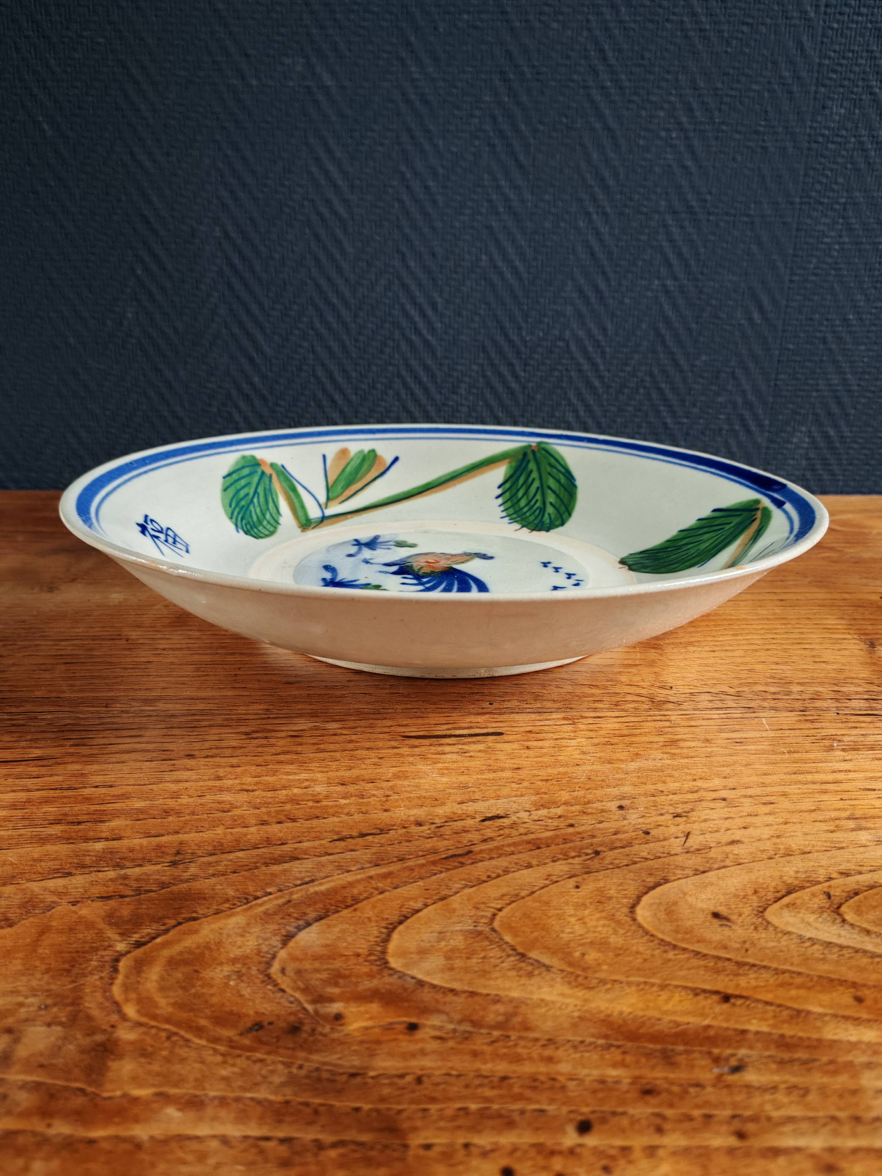Large Vintage Hand-Painted Plate "Rooster and Foliage"