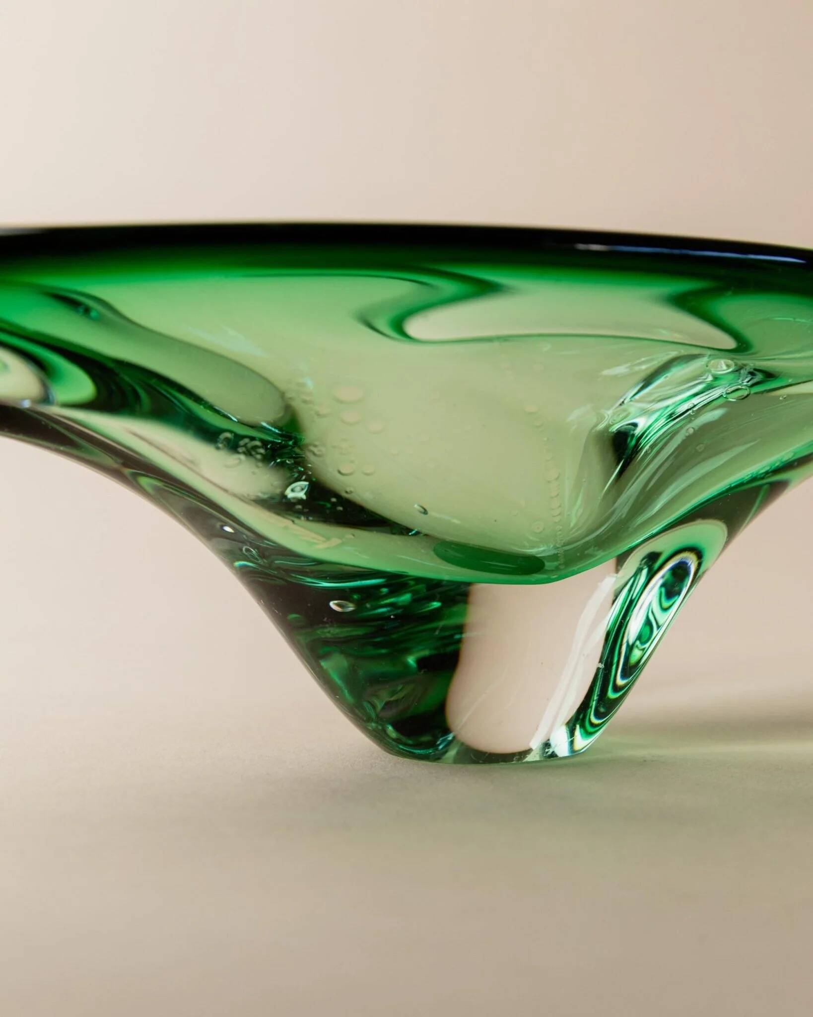Green Murano Glass Bowl, Hand-Blown Italian 1970s Vide Poche with Organic Shape