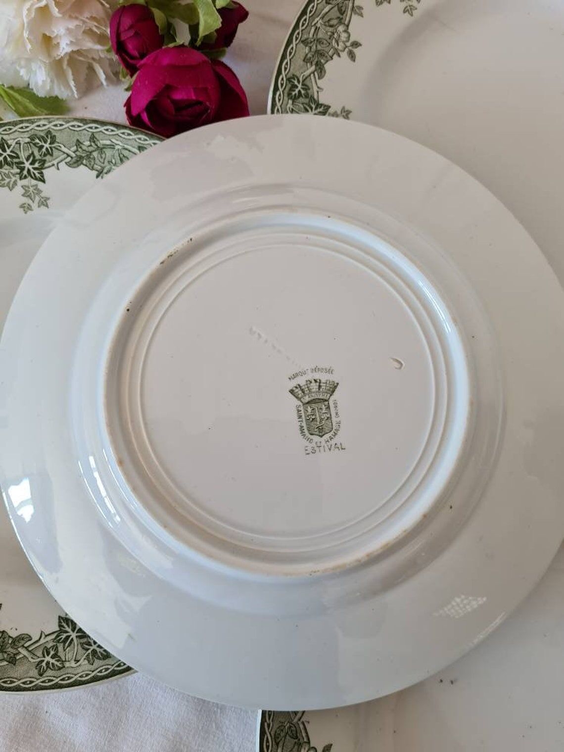 Lot de 5 assiettes plates anciennes en terre de fer modèle Estival de la manufacture française de Saint Amand