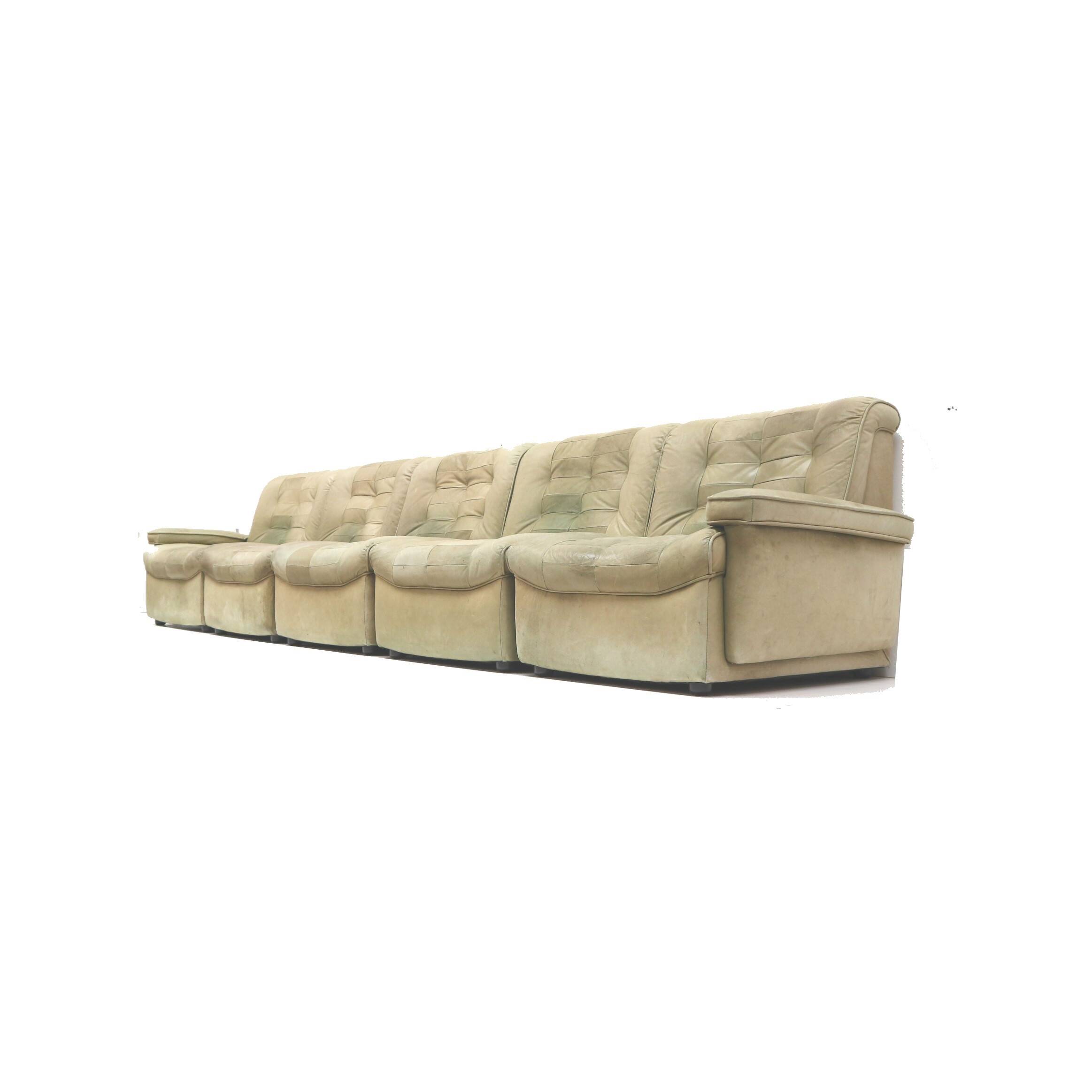 Large green vintage leather modular sectional sofa from the 1970s