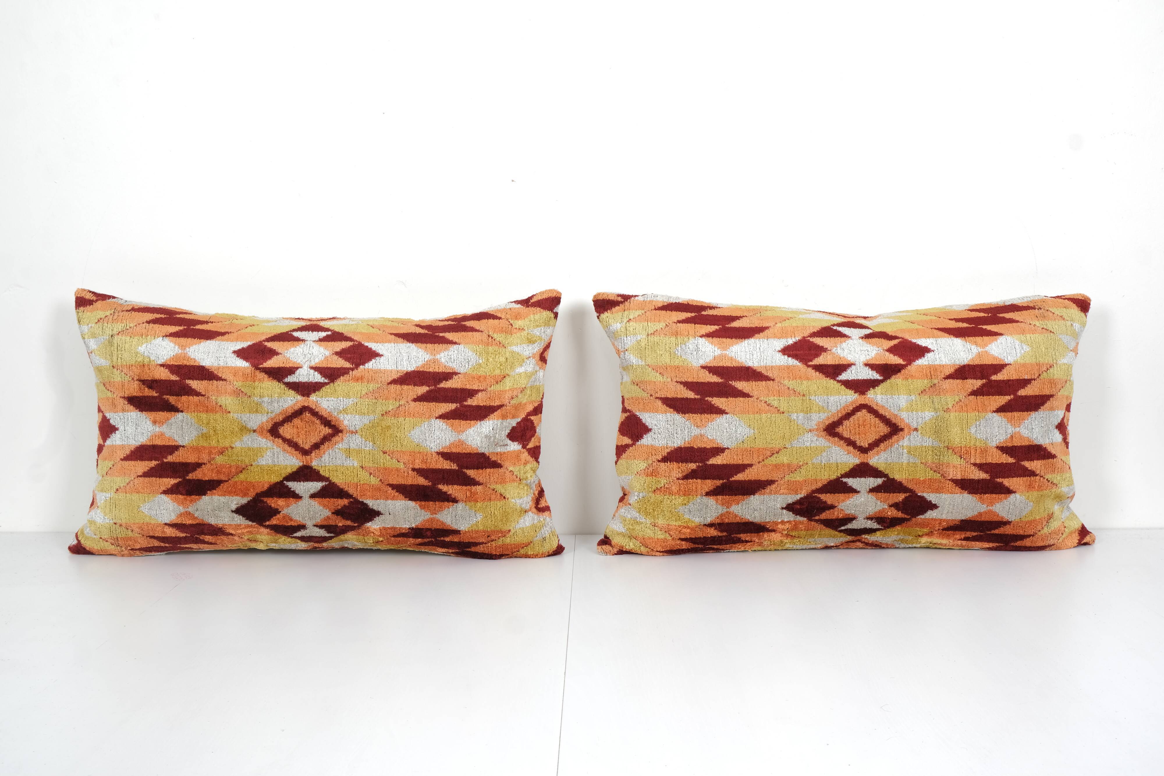Ikat Lumbar Pillow Cover - Set of Two Colorful Silk Ikat Velvet Pillowcase - Handwoven Cushion Cover