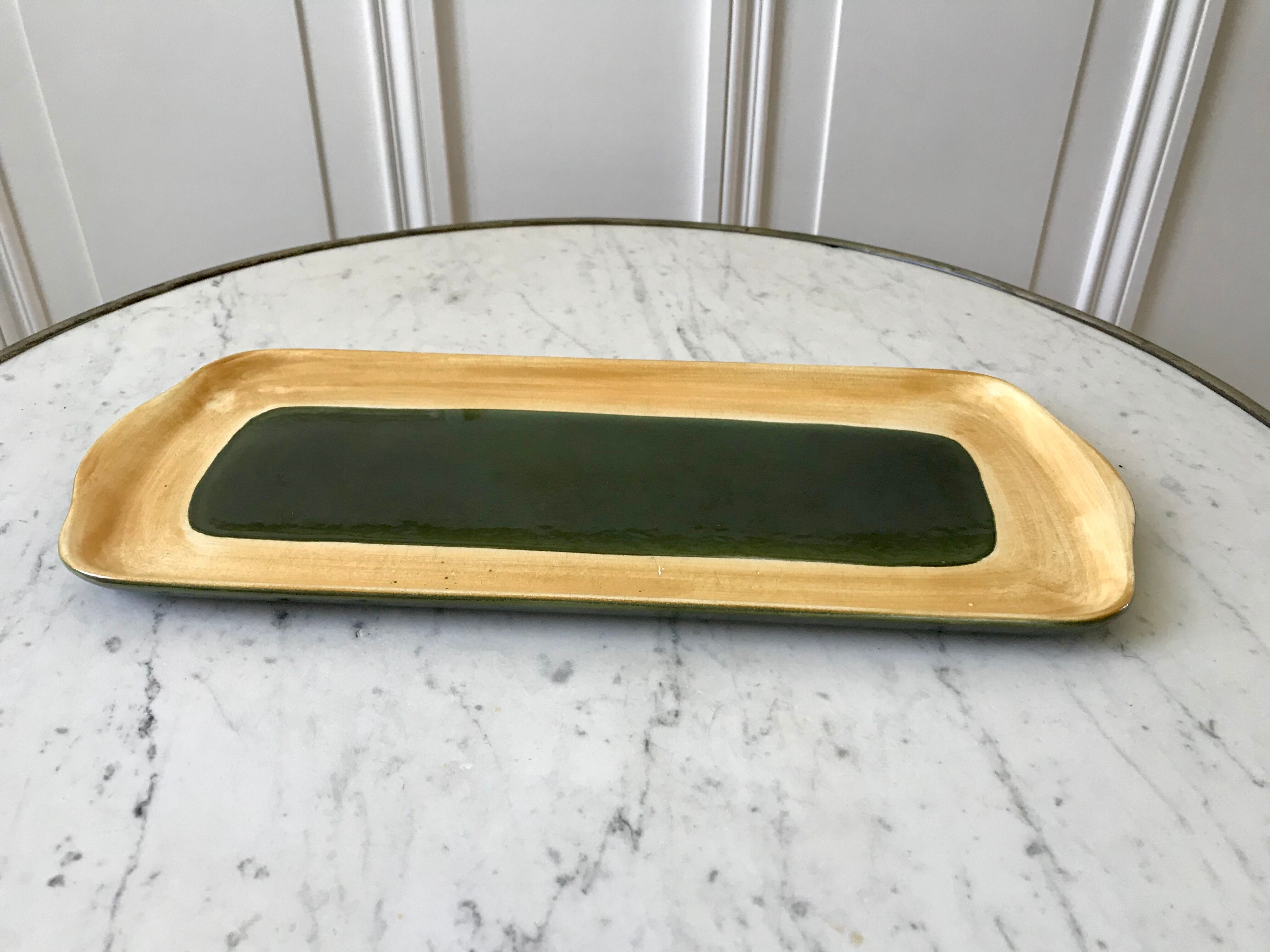 Salins green enamel ceramic cake dish model "Capvern" 60s-70s