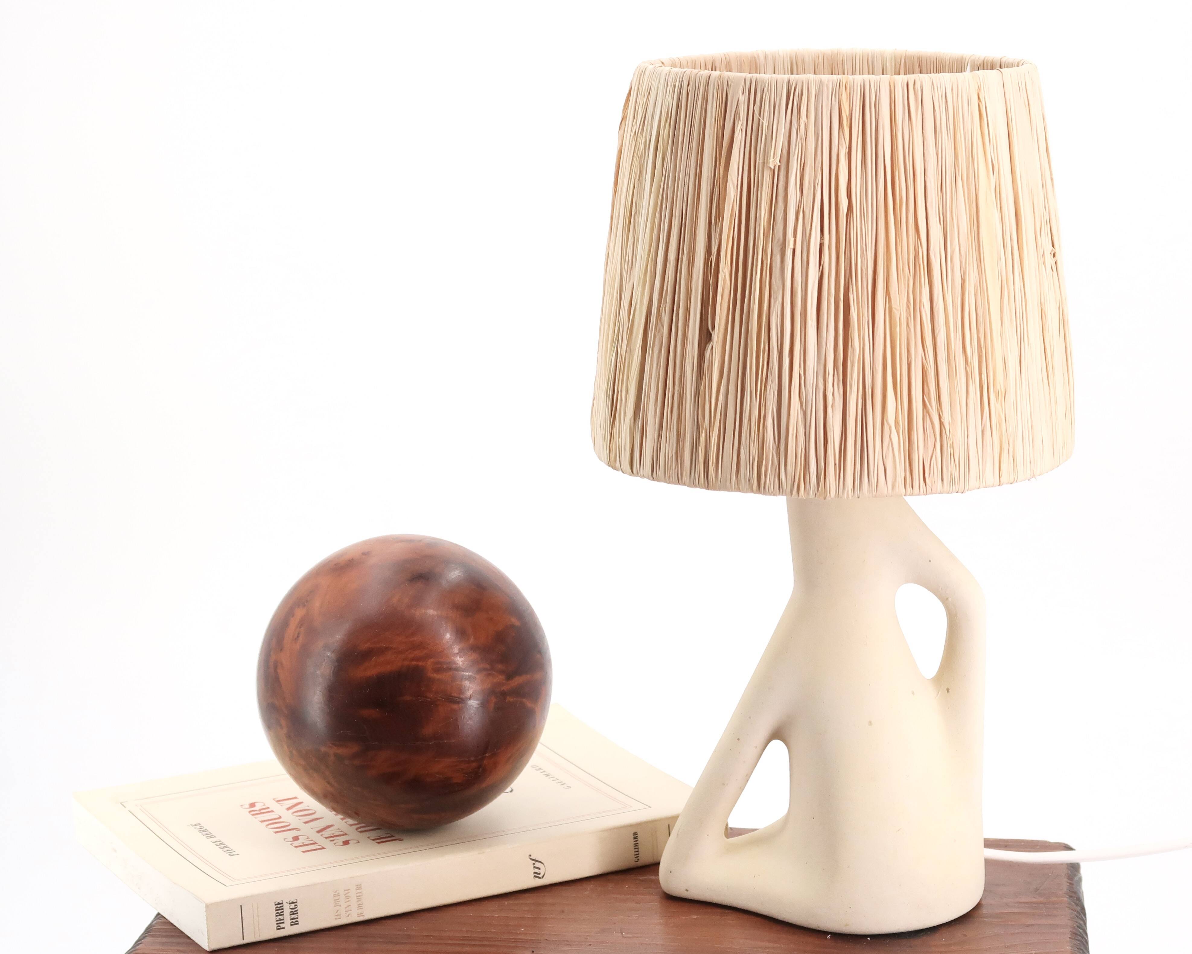 White ceramic lamp, raffia lampshade, 1950s