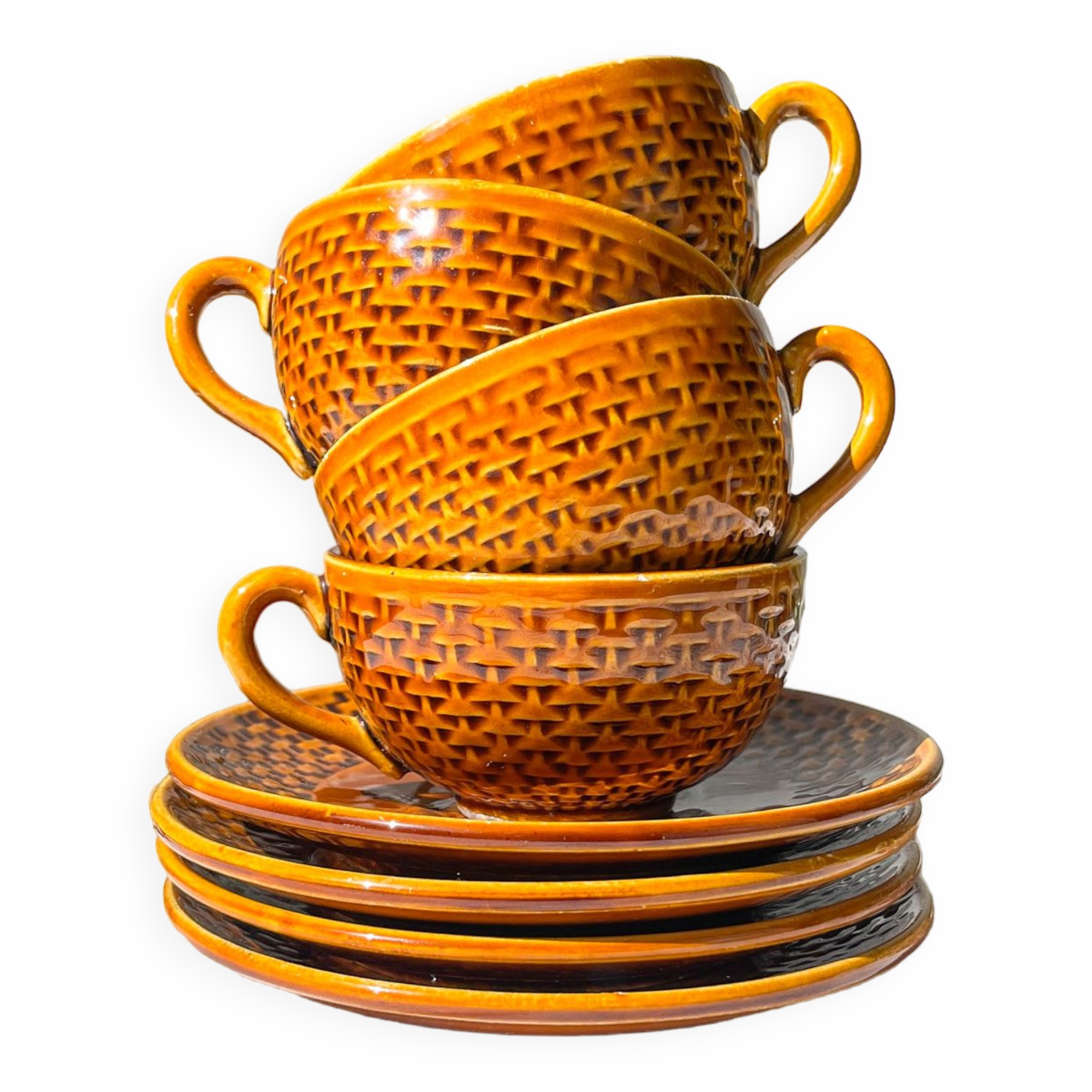 4 Vintage Caramel Earthenware Coffee Cups
