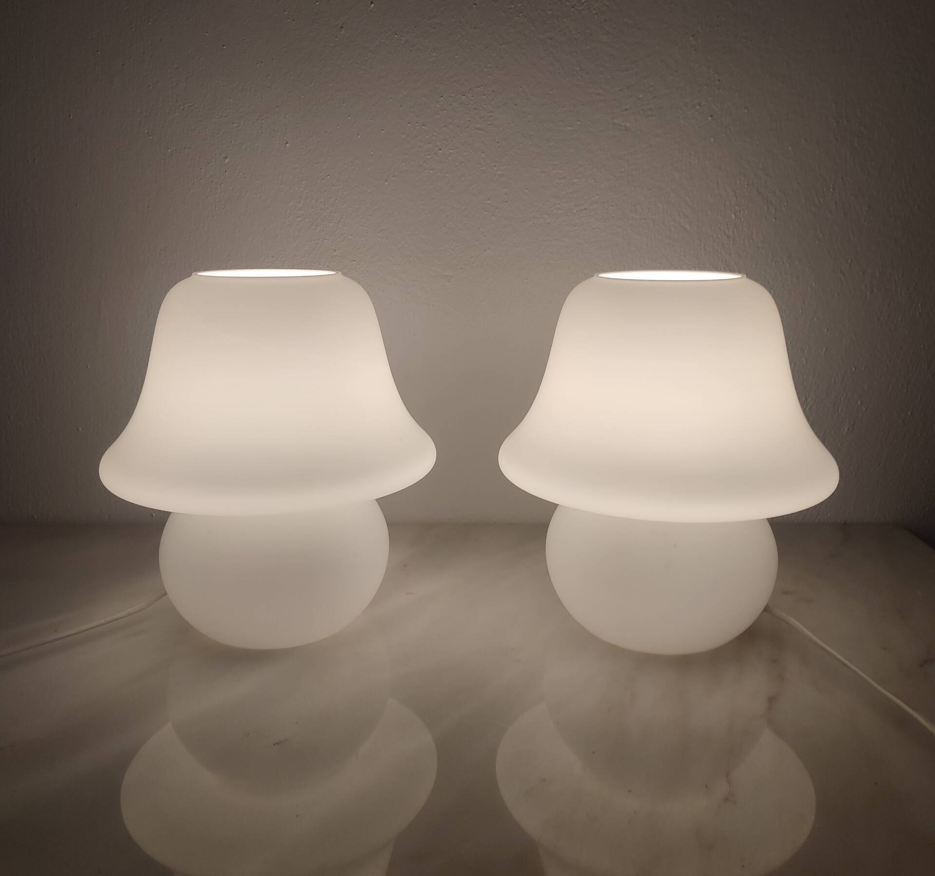 Pair of vintage opaline glass lamps by Hustadt Leuchten in the shape of mushrooms.