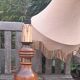 Large rustic table lamp foot wood & brass, lampshade pagoda beige fabric, years 50/60
