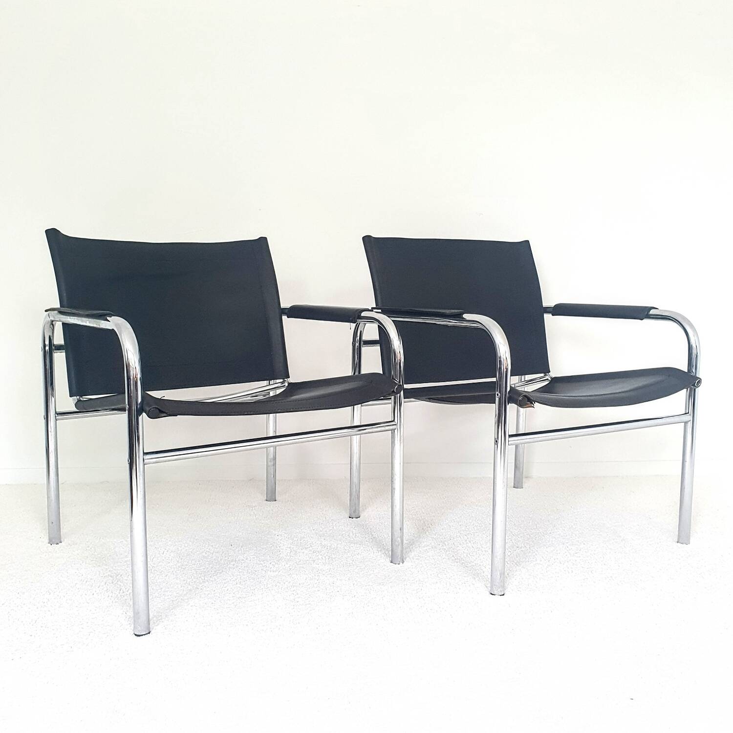 Ensemble de fauteuils klinte par tjord bjorklund pour ikea, chaises vintage design chrome & cuir