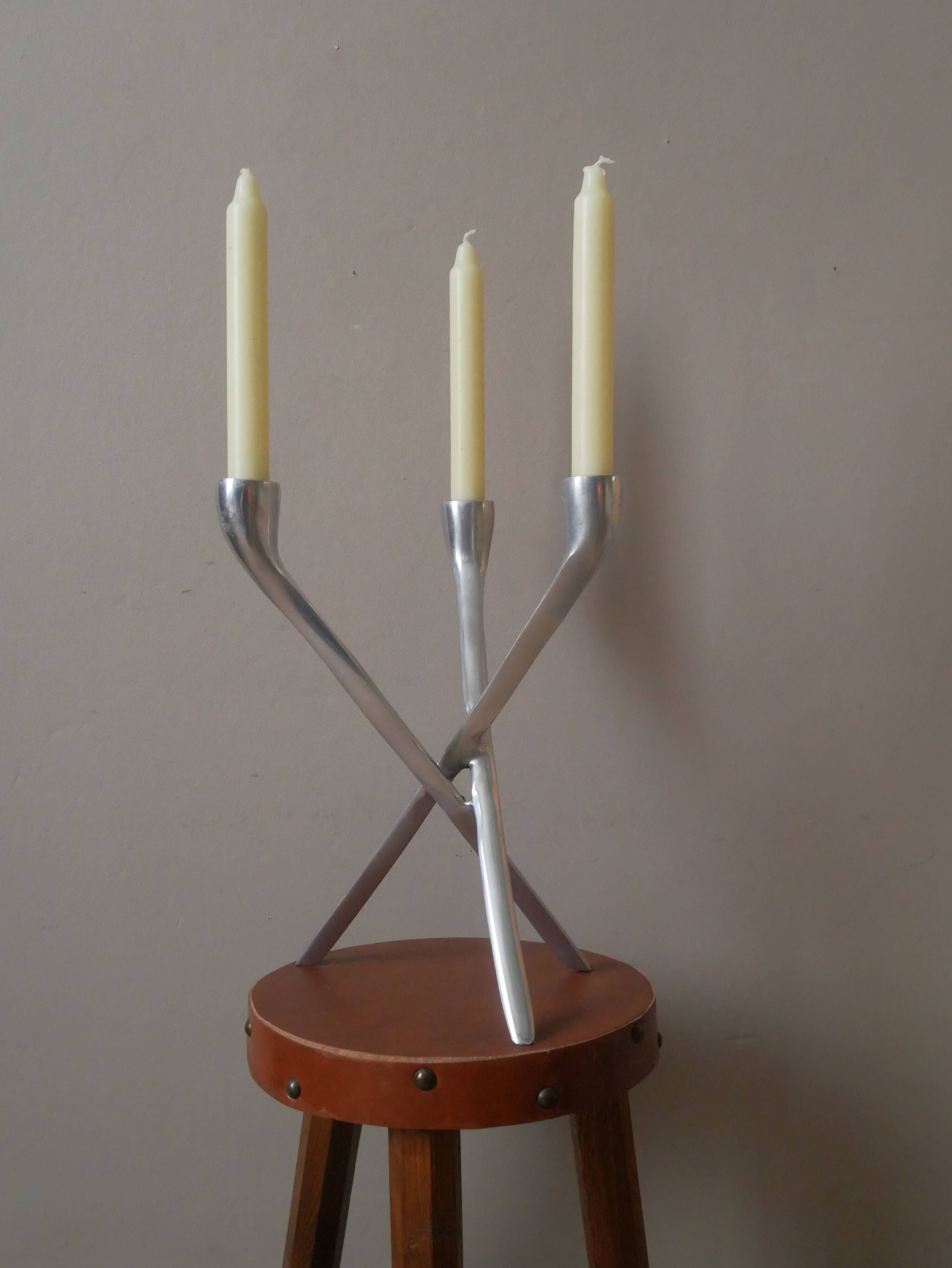 Aluminum candle holder tripod chrome vintage 70s candelabra candlestick Scandinavian design