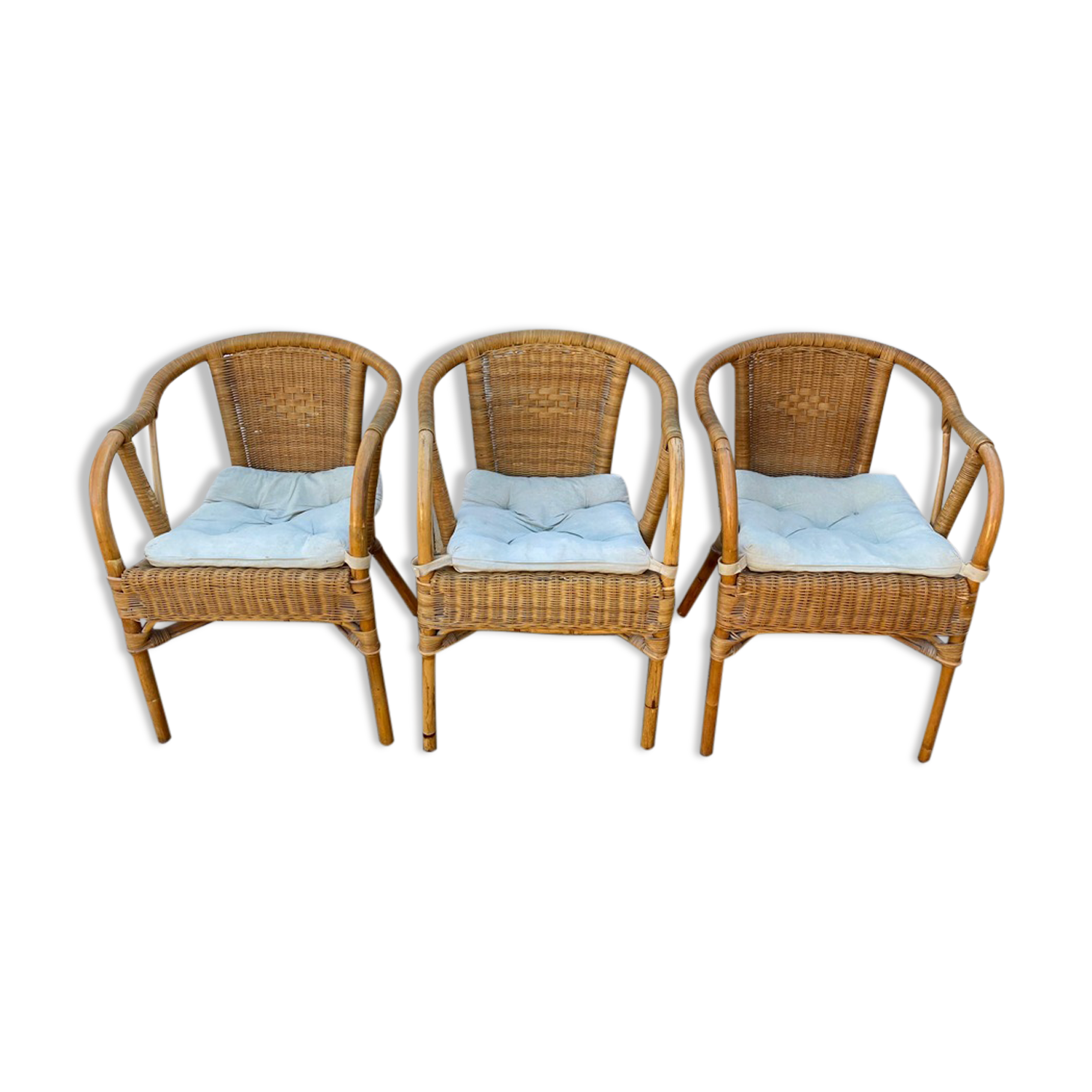 Set of 3 armchairs in rattan and wicker vintage