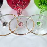 Set of 3 colored wine glasses - Ruby, red, green, gold and twisted foot