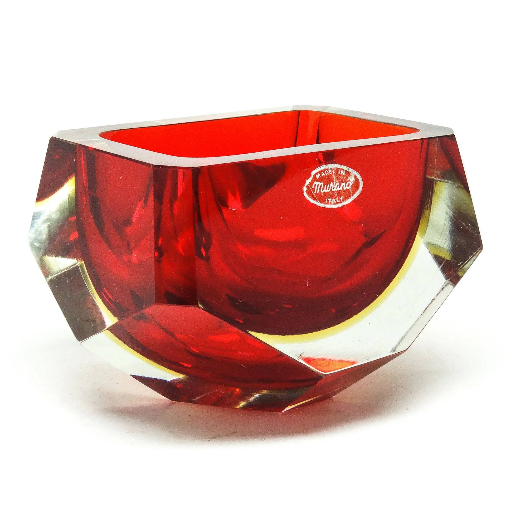 Murano basket, modernism, red glass, designed by F. Poli, Italy, 1950s