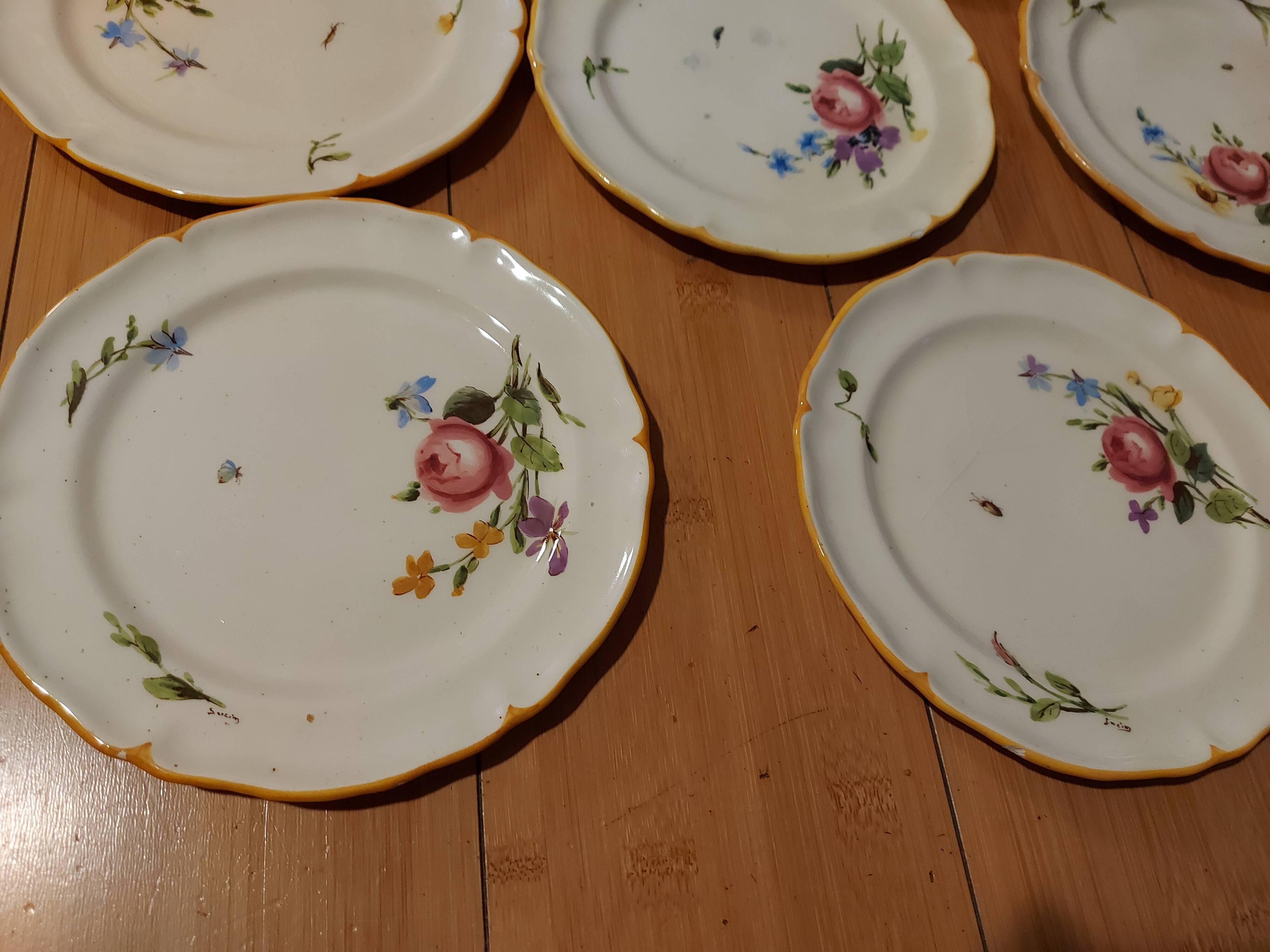 10 dessert plates painted decorated with flowers, insects (all different)