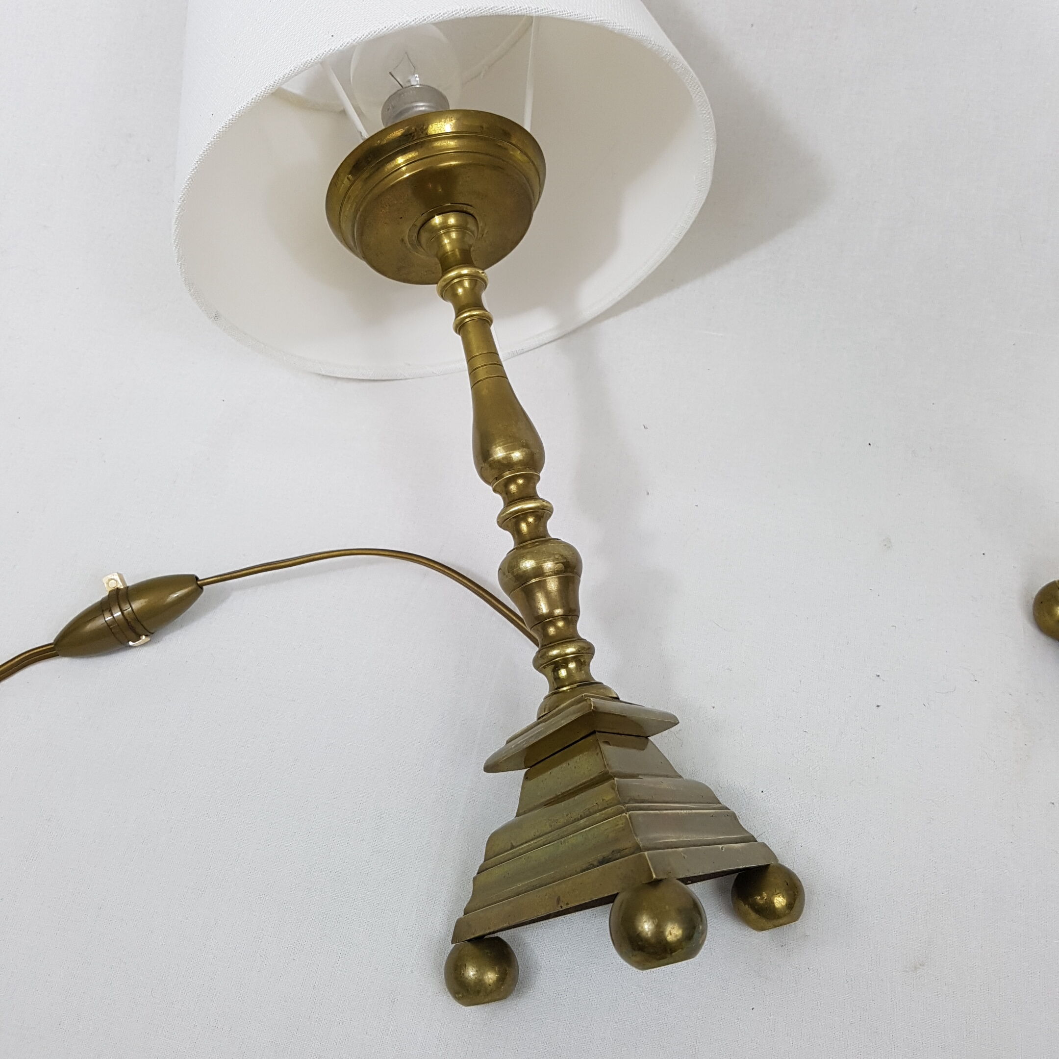Pair of bedside brass base triangle triangular candelabra Church