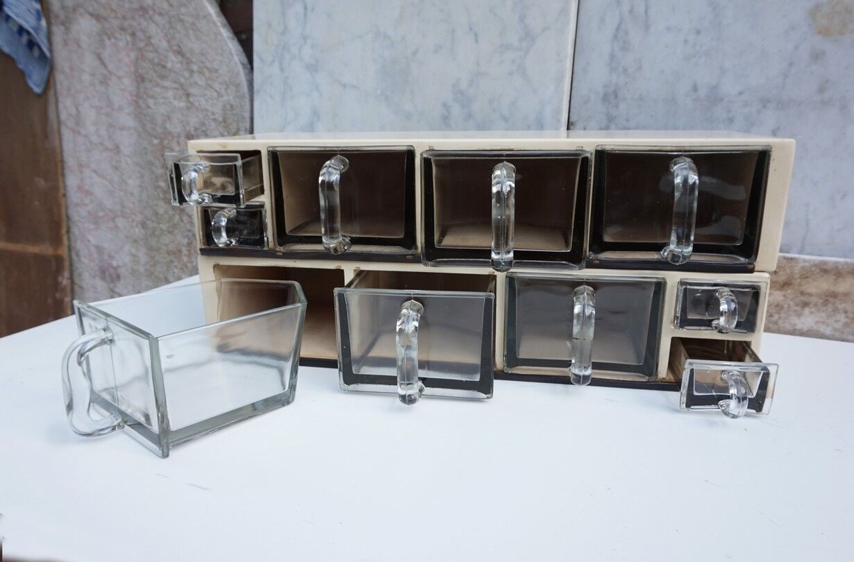 Vintage wood and glass kitchen container cabinets, set of 2