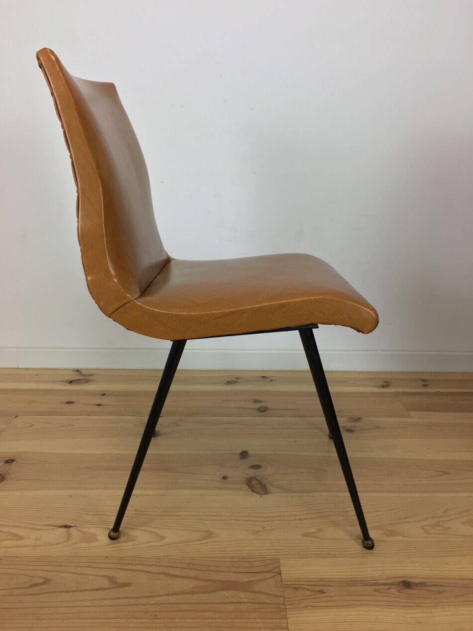 Pair of 1950s chairs with compass legs and brown faux leather.