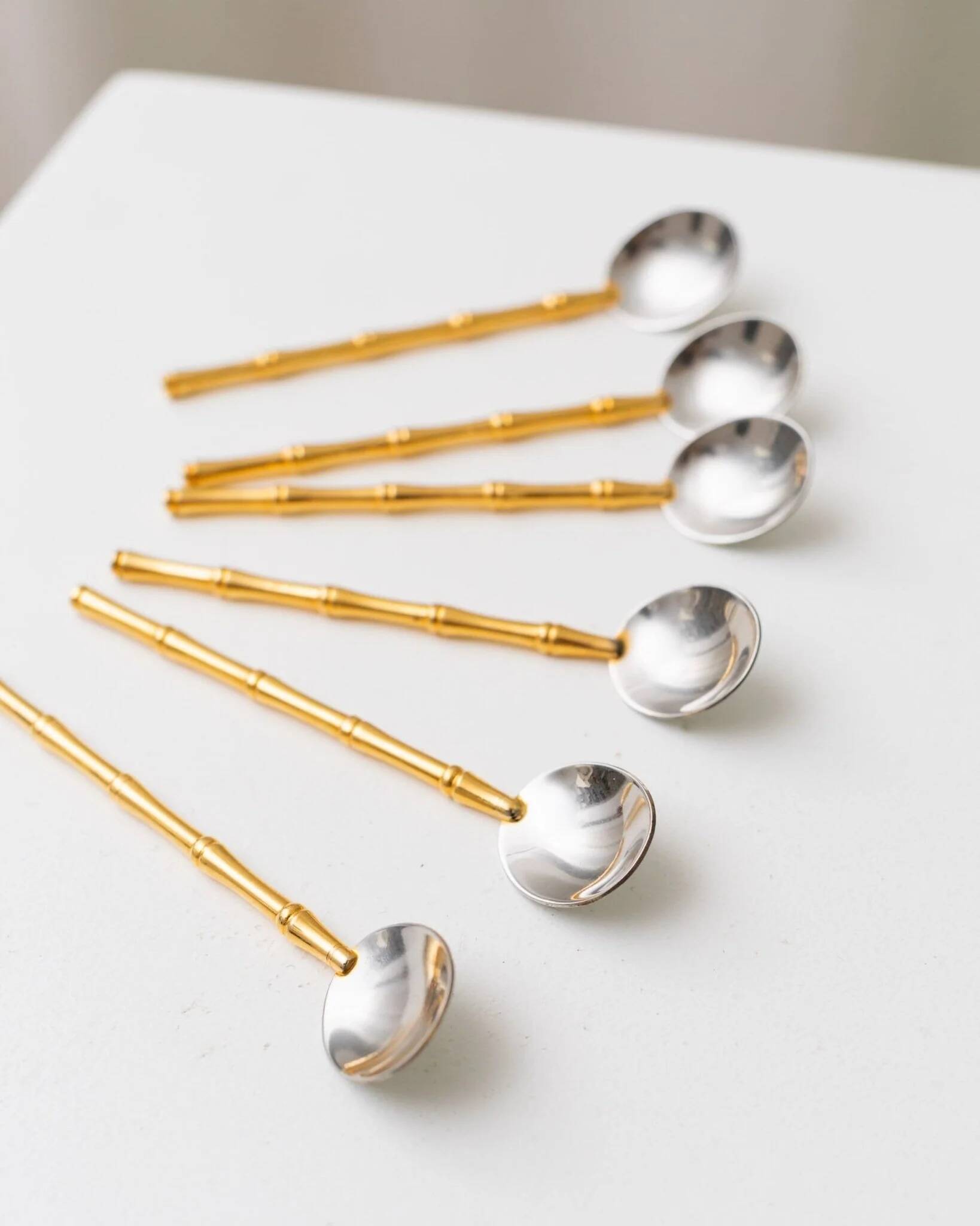 Two-Tone Gucci Bamboo Spoons Set - Gold-Plated Handles, Silver Bowls, Vintage 1970s Mid-Century Design