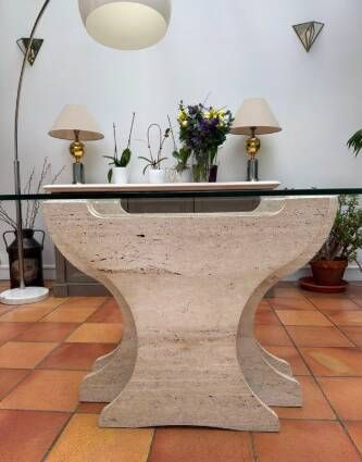 Large vintage dining table in beige stone and glass – 220 cm