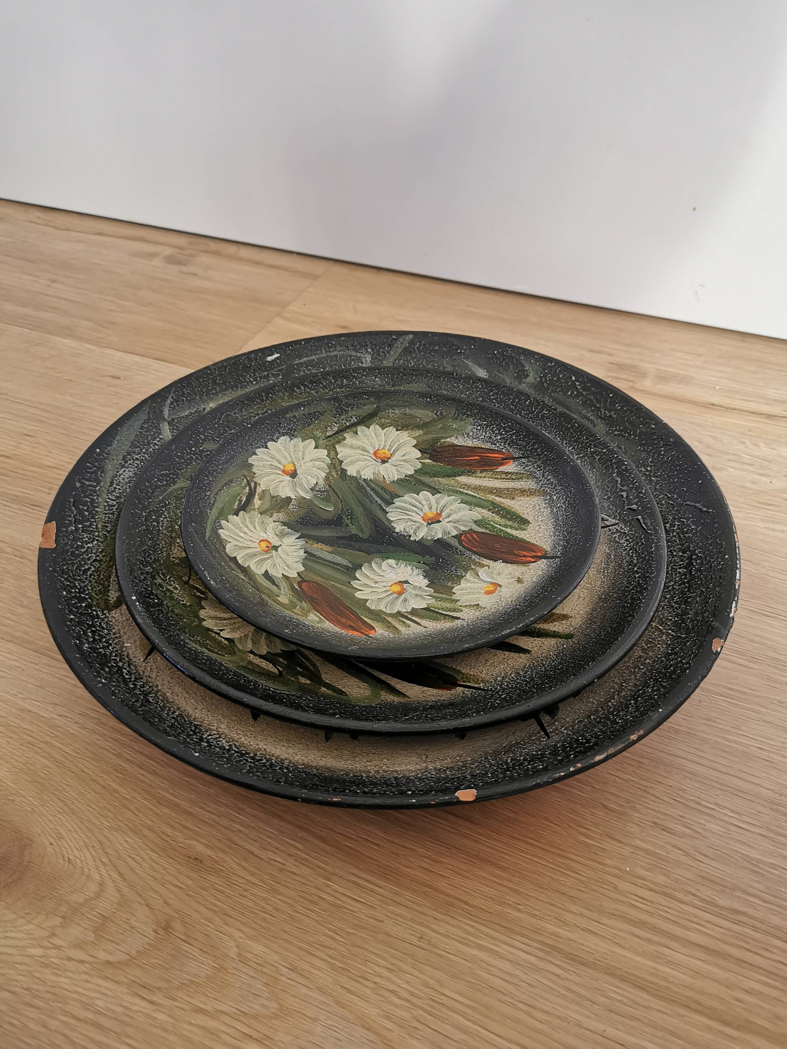 Vintage Hand-Painted Clay Plates: 1970s Yugoslavian Floral Wall Decor