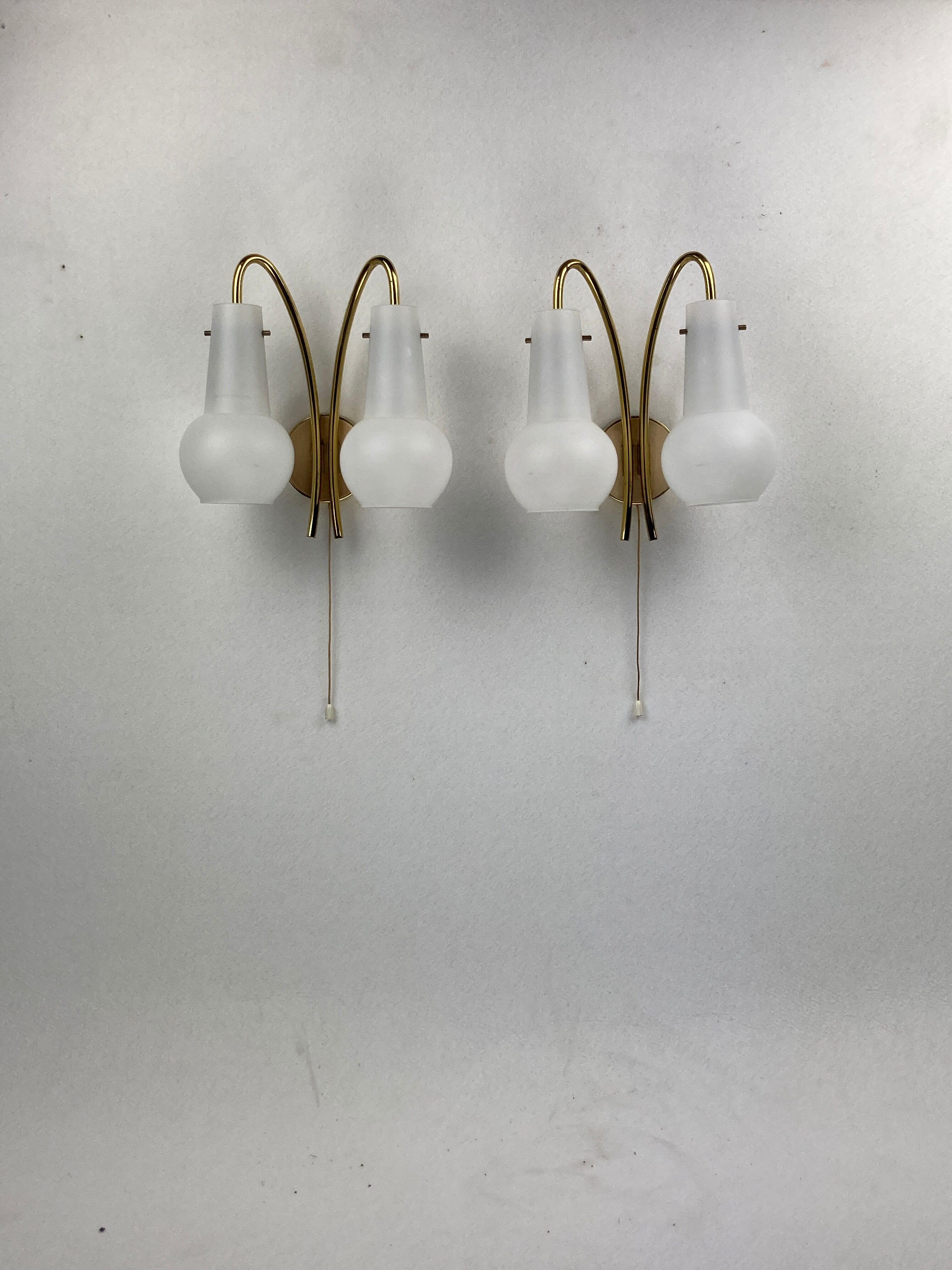 Pair brass and opaline wall sconces or bedside lamps, Austria 1950s