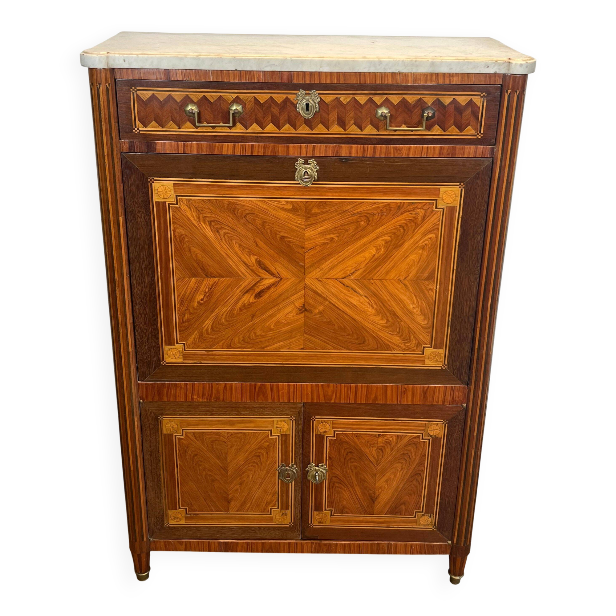 Louis XVI drop-leaf secretary in marquetry with a Carrara marble top.