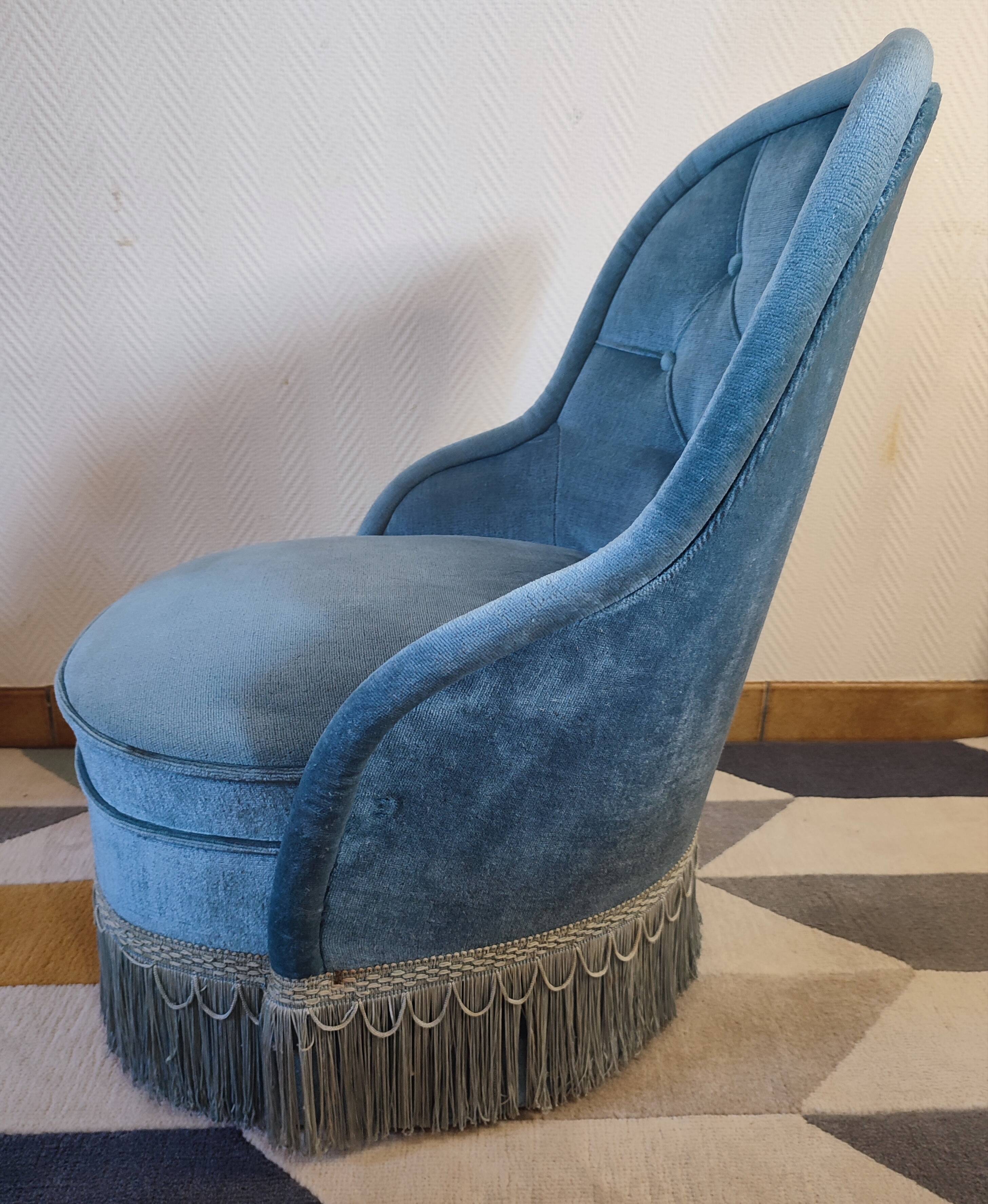 Pair of Crapaud armchairs and a vintage blue velvet pouf